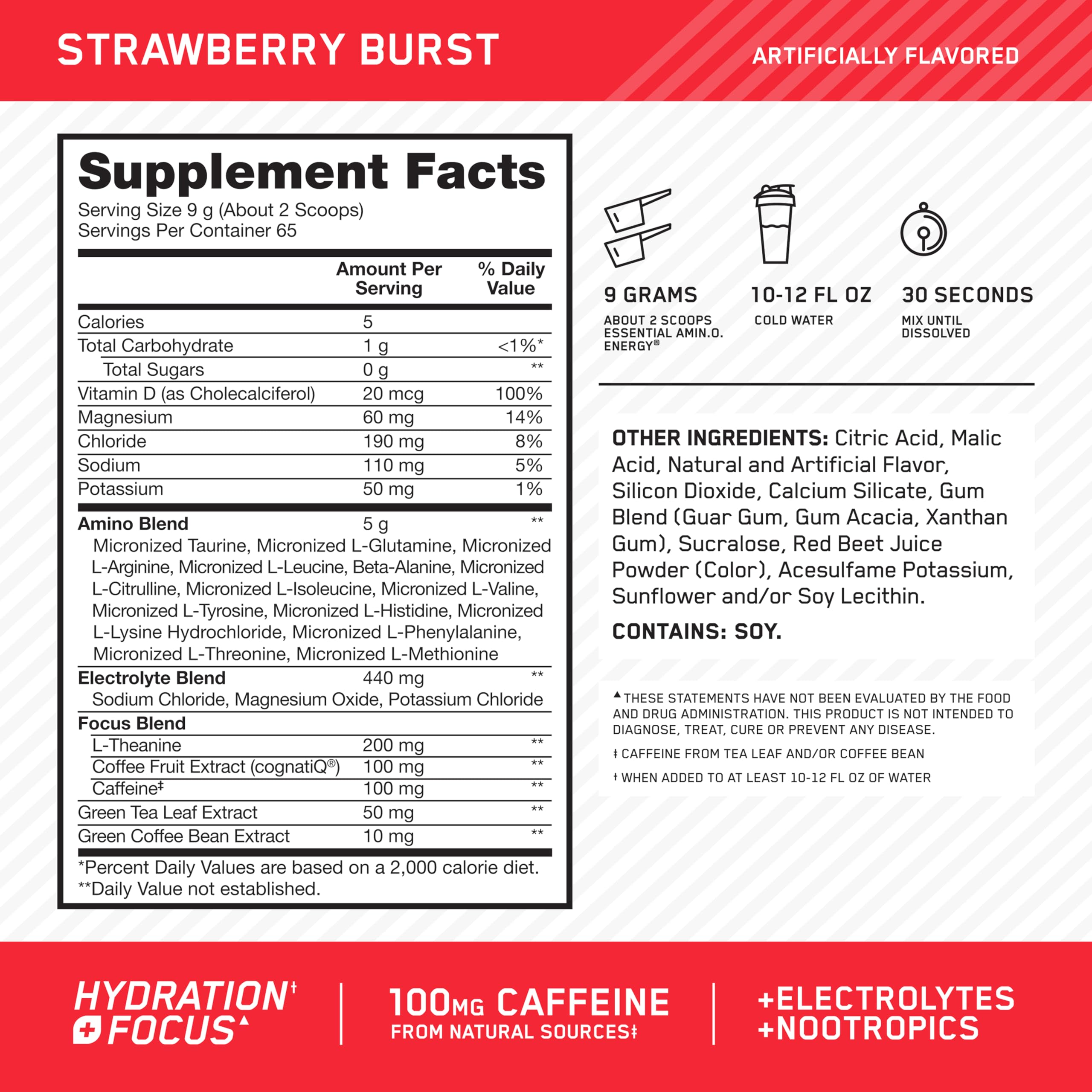 Optimum Nutrition Amino Energy Powder Plus Focus, with BCAA, Electrolytes, and Caffeine, Strawberry Burst, 65 Servings Optimum Nutrition Au supplements
