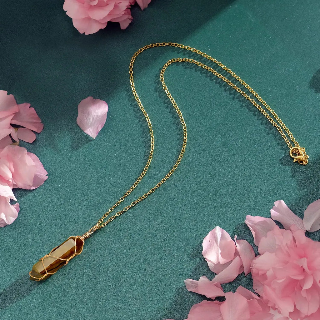 VIBILIA Healing Crystal Necklace Wire Wrapped Natural Tigerite Stone Point Pendant Necklace Hexagonal VIBILIA Au supplements