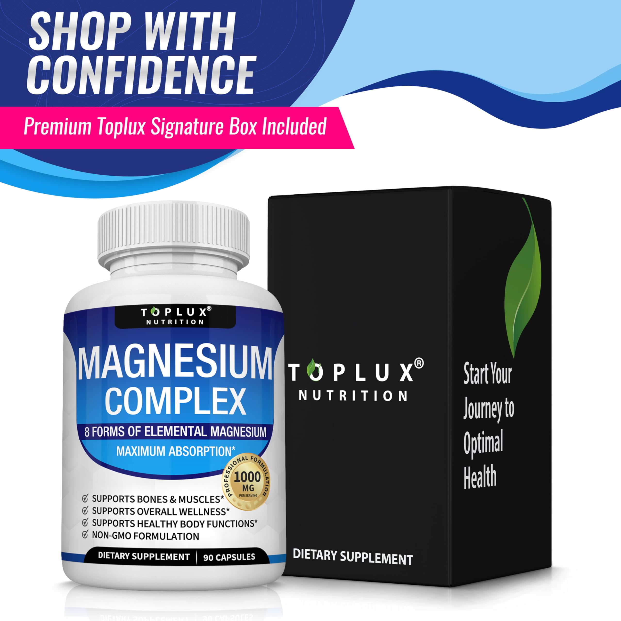 Magnesium Complex Supplement 8 Elemental 1000mg - Magnesium Glycinate, Citrate, Malate, Taurate, Chelated for Easy Absorption for Bones, Muscle, Recovery, Energy, Vegan Non-GMO 90 Capsules Toplux Au supplements