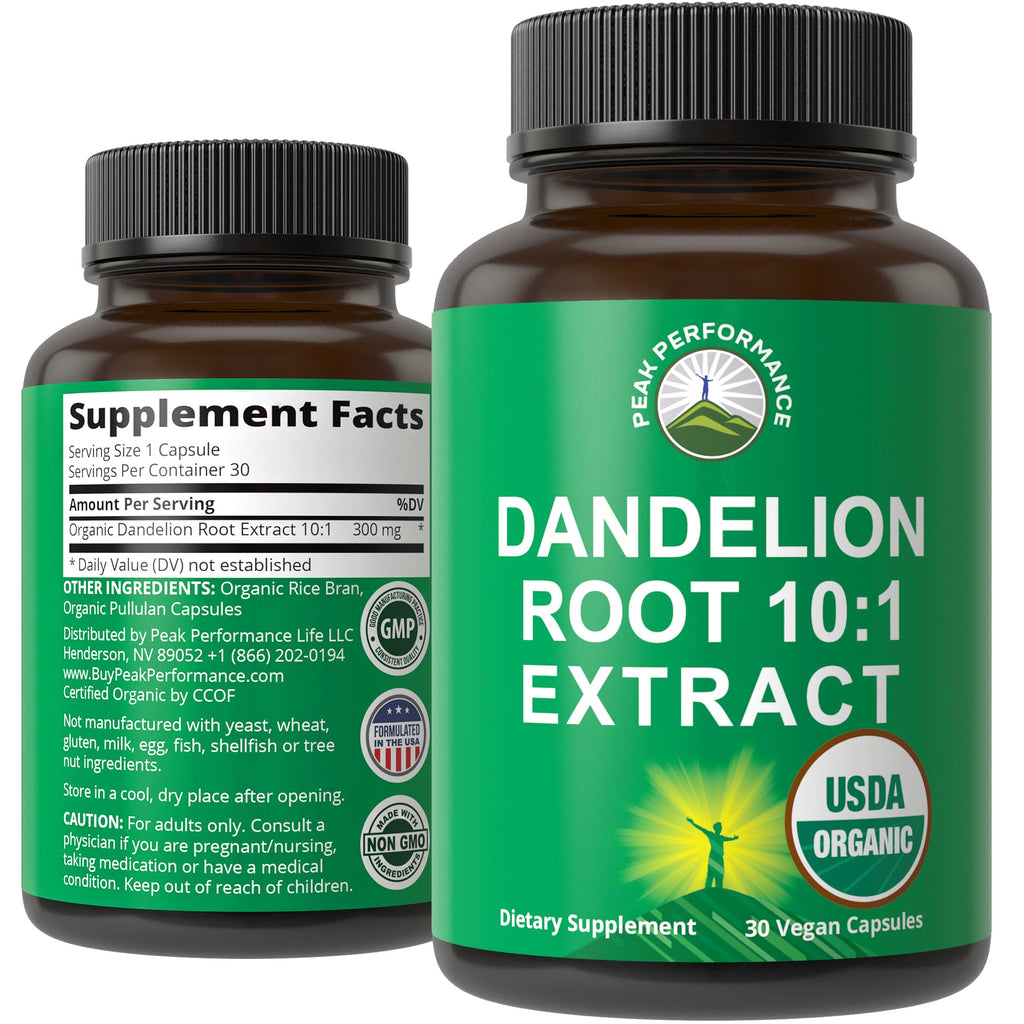 USDA Organic Dandelion Root Extract Supplement - 10x More Potent Than Raw Root. Standardized and Concentrated Vegan Dandelion Root Capsules for Women and Men. Supports Detox, Immune, Liver, Gut Health Peak Performance Au supplements