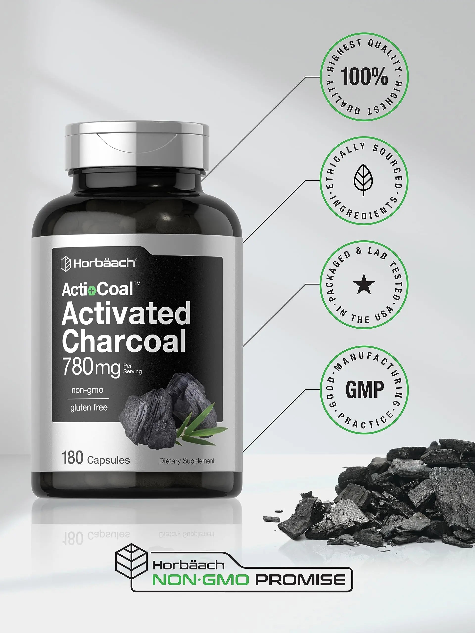 Charcoal Pills 780mg | 180 Capsules | Activated Charcoal from Coconut Shells | Non-GMO Horbäach Au supplements
