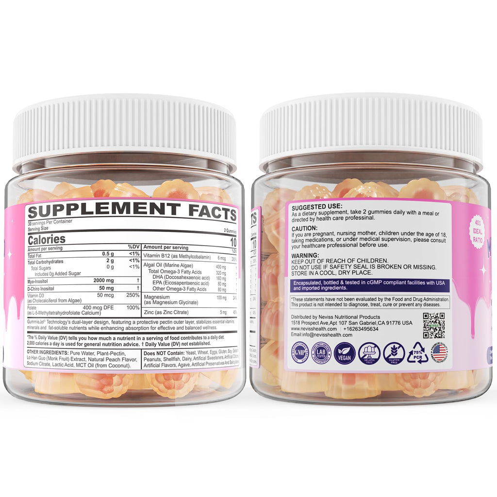 Myo-Inositol & D-Chiro Inositol, Hormone Balance for Women | Sugar Free Inositol Gummies w/Omega 3, MTHF Folate, Vitamin D3, B12, Magnesium & Zinc for Ovarian Health, Ideal 40:1 Ratio, Vegan, 60 Cts NEVISS Au supplements
