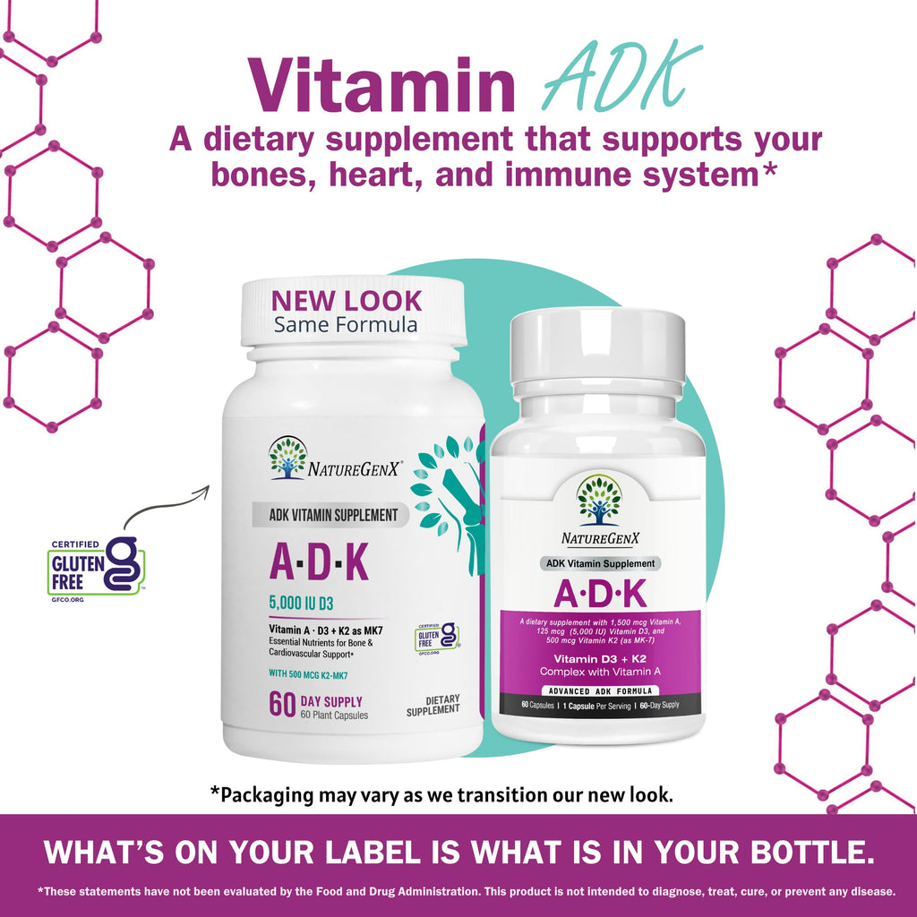 NatureGenX ADK Vitamin Supplement – Vitamins A, D3 & K2 MK-7 for Bone Health & Calcium Absorption – Gluten-Free, Non-GMO, Soy-Free
