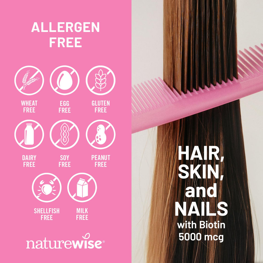 NatureWise Hair Skin and Nails Vitamin, Biotin 5000mcg w/Hyaluronic Acid, Collagen for Women with C, B Complex, D3, A, E, Iron