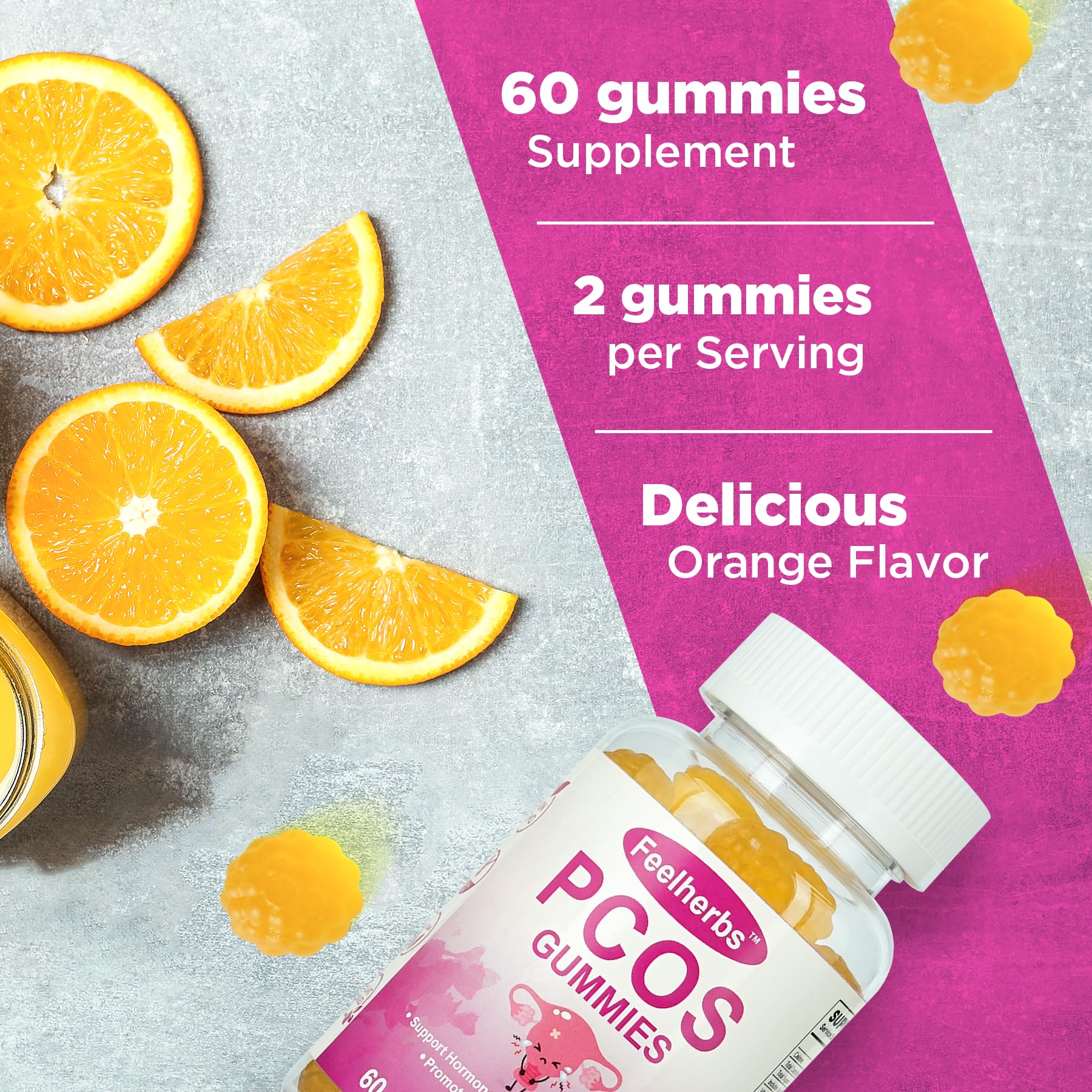 PCOS Gummies for Women Menstrual Cycle & Hormonal Balance, 60 Count Ovarian Support Gummies with Myo-Inositol, Folate and Vitamins, Orange Flavor PCOS Vitamins Gummies Helps Fertility and Ovulation Feelherbs Au supplements