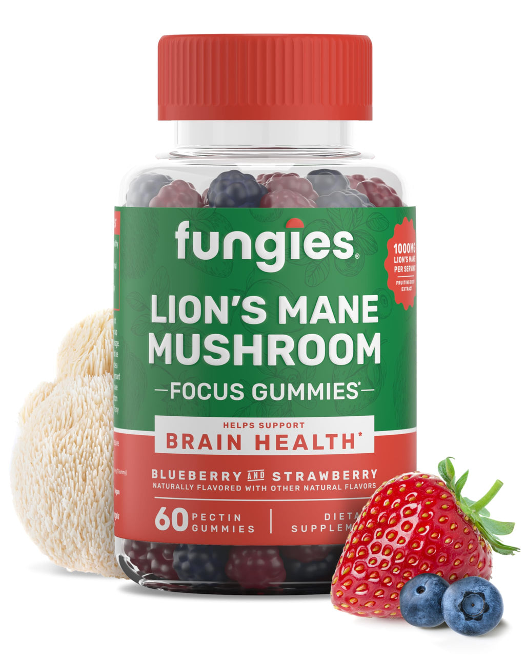 Fungies Lion's Mane Mushroom Gummies, Mixed Blueberry & Strawberry Flavor - Mushroom Supplement Gummy for Adults & Children Supports Brain Health, Cognitive Function
