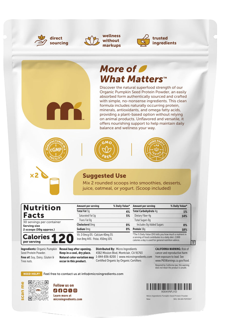 Micro Ingredients Organic Pumpkin Seed Protein Powder, 2lb | Raw Plant-Based Protein | Single-Ingredient Powder | Smooth Texture & Versatile Use | Non-GMO, Soy Free