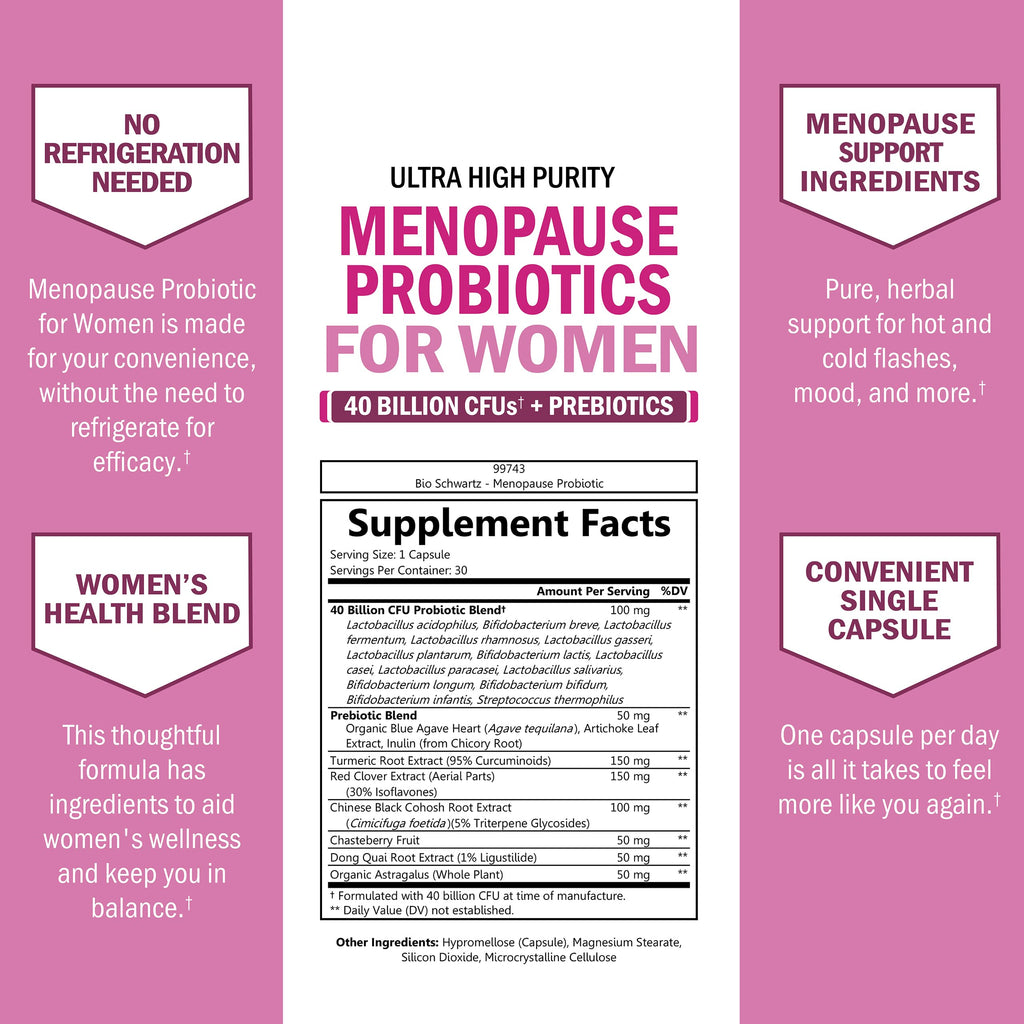 Menopause Supplements for Women - 40 Billion CFU Menopause Probiotics for Women - Support for Hot Flashes Night Sweats Mood Swings and Balance - Non-GMO, 30 Easy-Swallow Capsules, 30 Servings BioSchwartz Au supplements