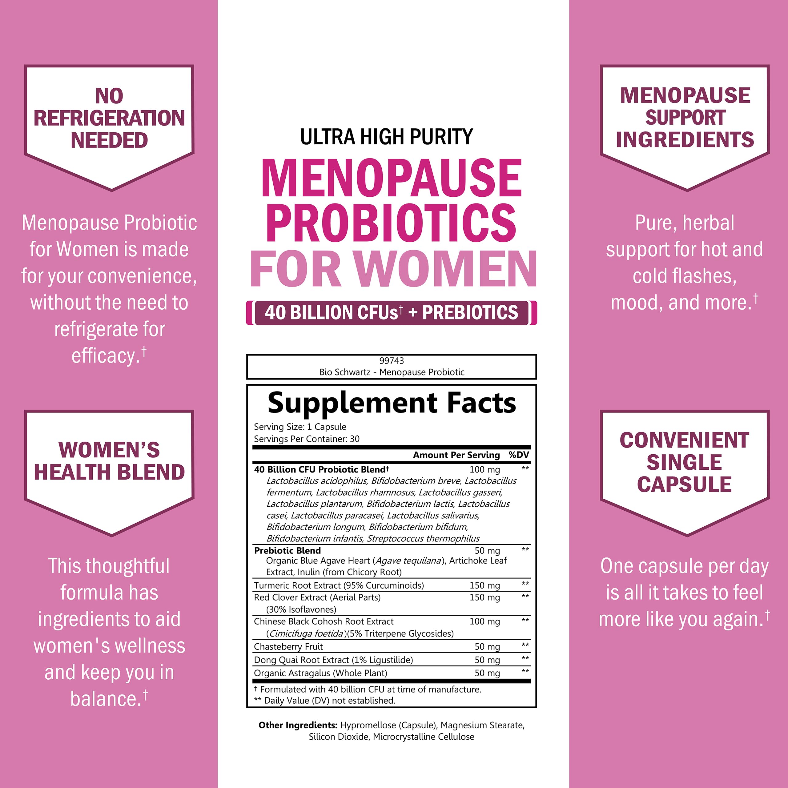 Menopause Supplements for Women - 40 Billion CFU Menopause Probiotics for Women - Support for Hot Flashes Night Sweats Mood Swings and Balance - Non-GMO, 30 Easy-Swallow Capsules, 30 Servings BioSchwartz Au supplements