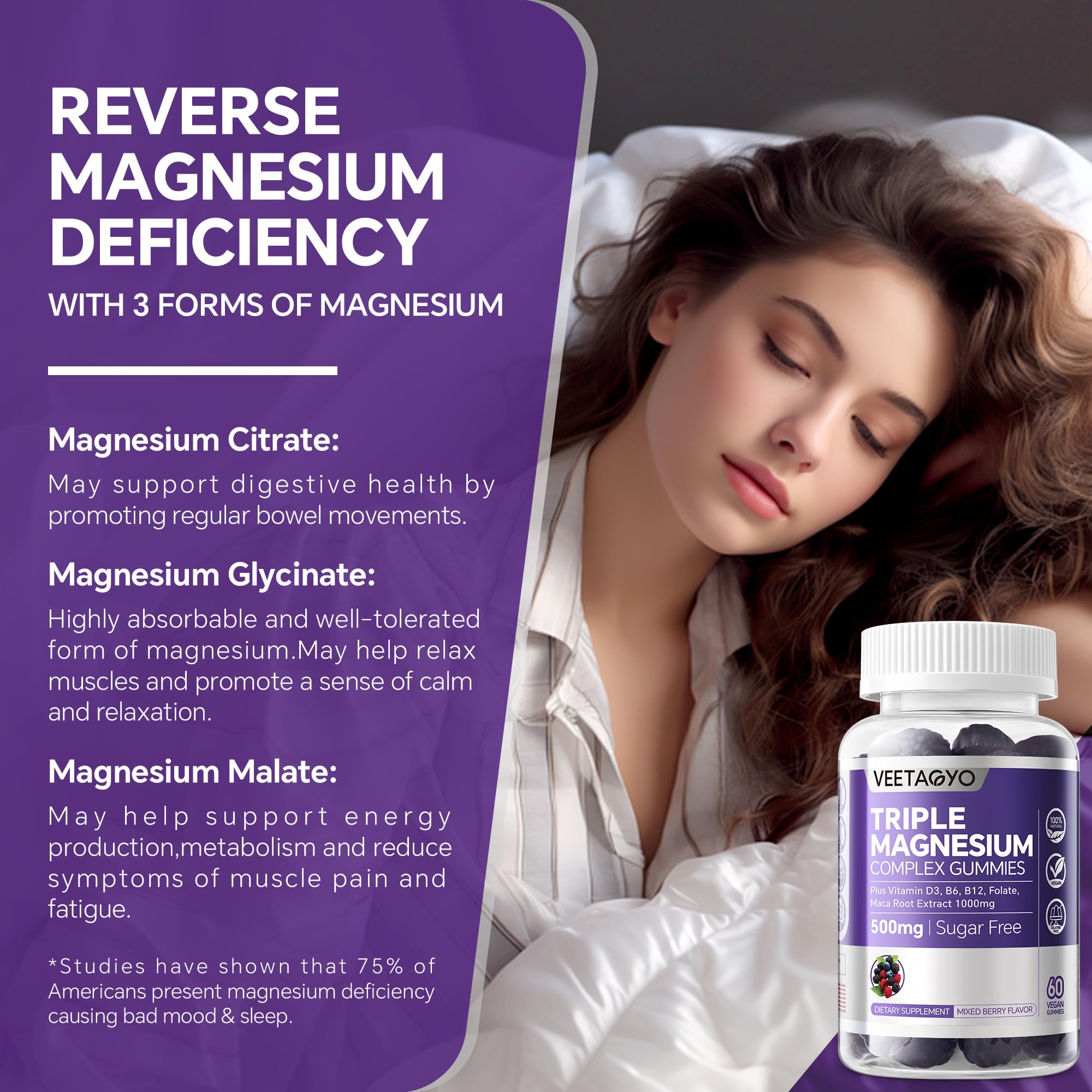VEETAGYO Magnesium Gummies 500mg 400mg | High Absorption, Bone, Nerves, Muscle | 3 Forms of Magnesium Complex Supplement Glycinate,Taurate,Malate