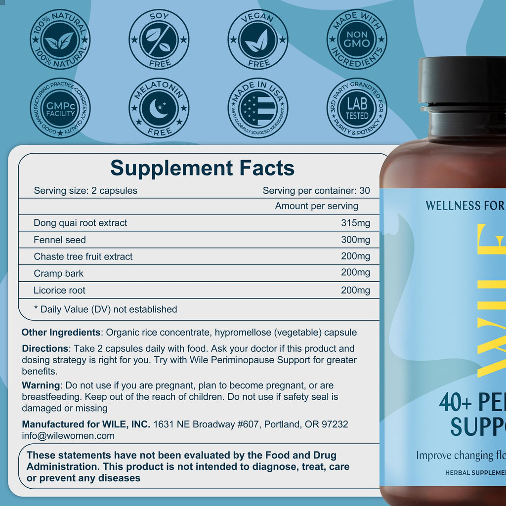 WILE Menopause and Perimenopause Supplements for Women - Menstrual Cramp, PMS and Heavy Period Relief with Dong Quai - Premenopausal Support for Hormone Balance & Improved Mood, Vegan, 30 Servings WILE Au supplements