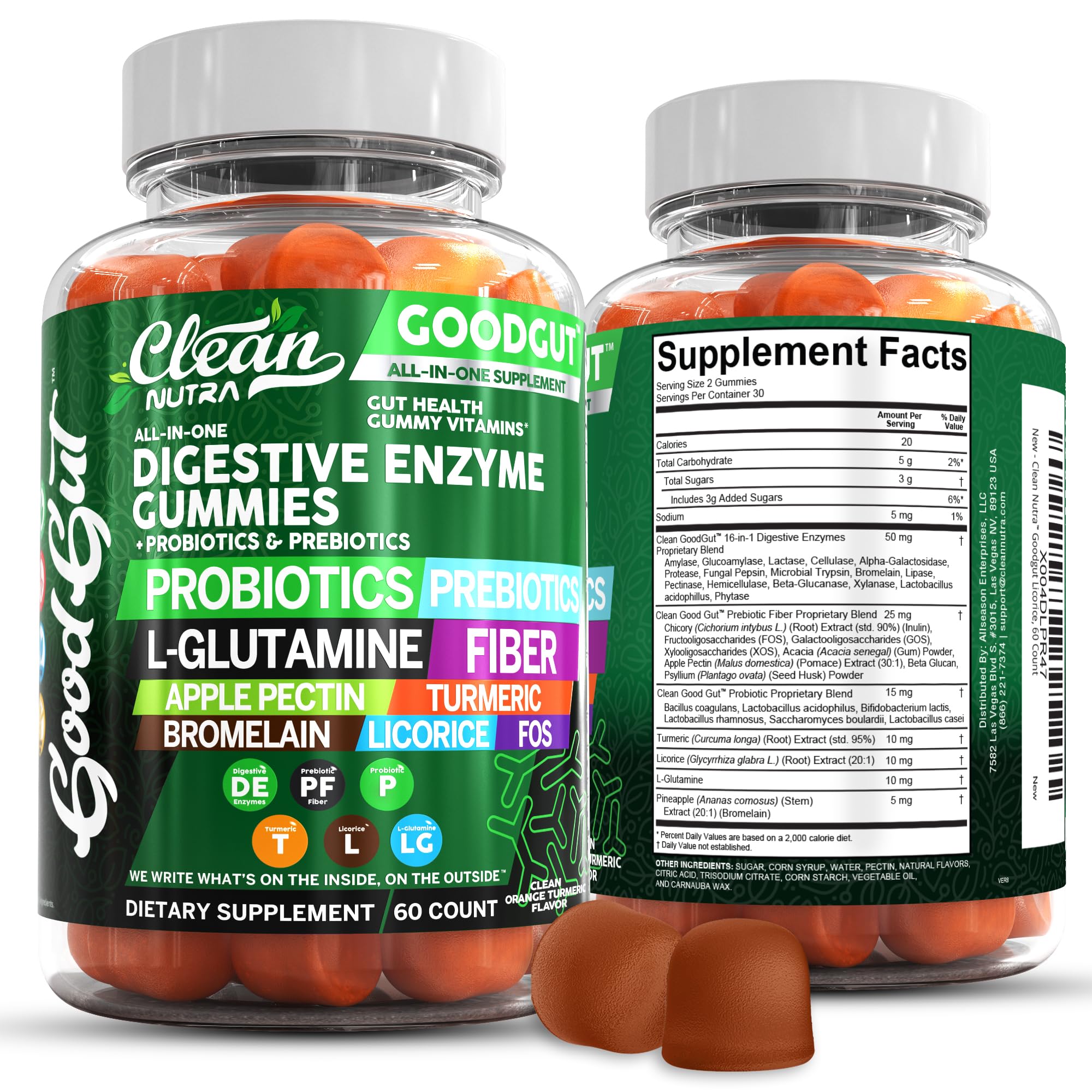 Clean Nutraceuticals Digestive Enzymes with Probiotics & Prebiotics for Digestive Health Gummies & L-Glutamine for Gut Health Bromelain Apple Pectin Inulin FOS Plant