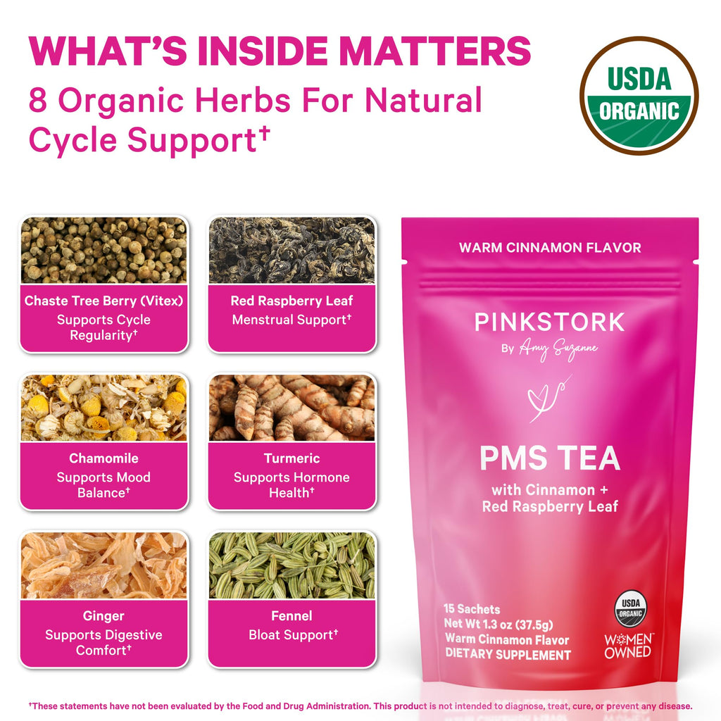 Pink Stork Organic PMS Tea for Hormone Balance, Mood Swings, Bloating, and Period Regularity - 8 Herbs - Vitex, Red Raspberry Leaf, Chamomile - Caffeine-Free - 15 Sachets, Hot or Iced Pink Stork Au supplements