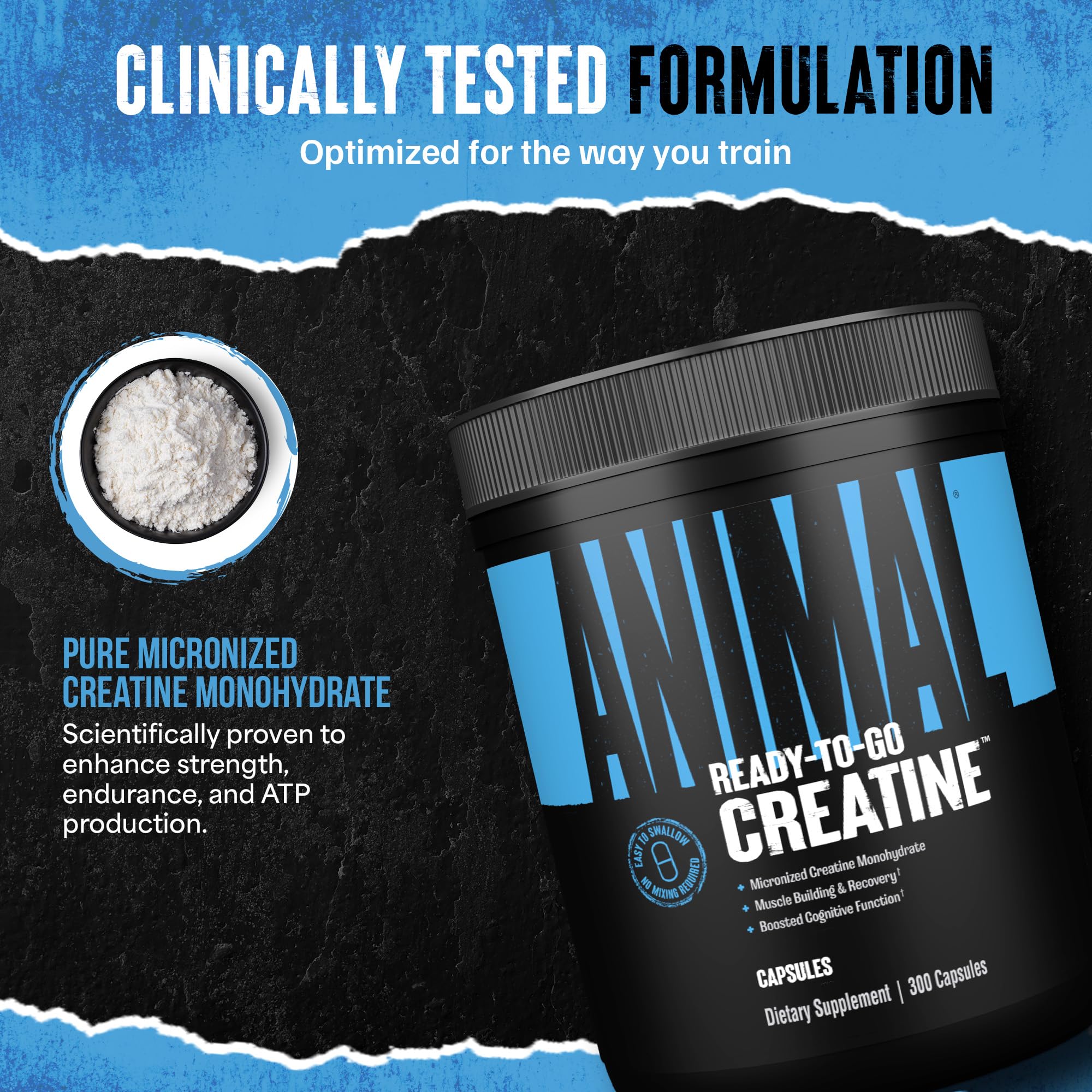 Animal Micronized Creatine Monohydrate Capsules - 300 Caps, 2500mg per Serving to Support Muscle Growth, Endurance, ATP Production, Cognitive Function, Strength