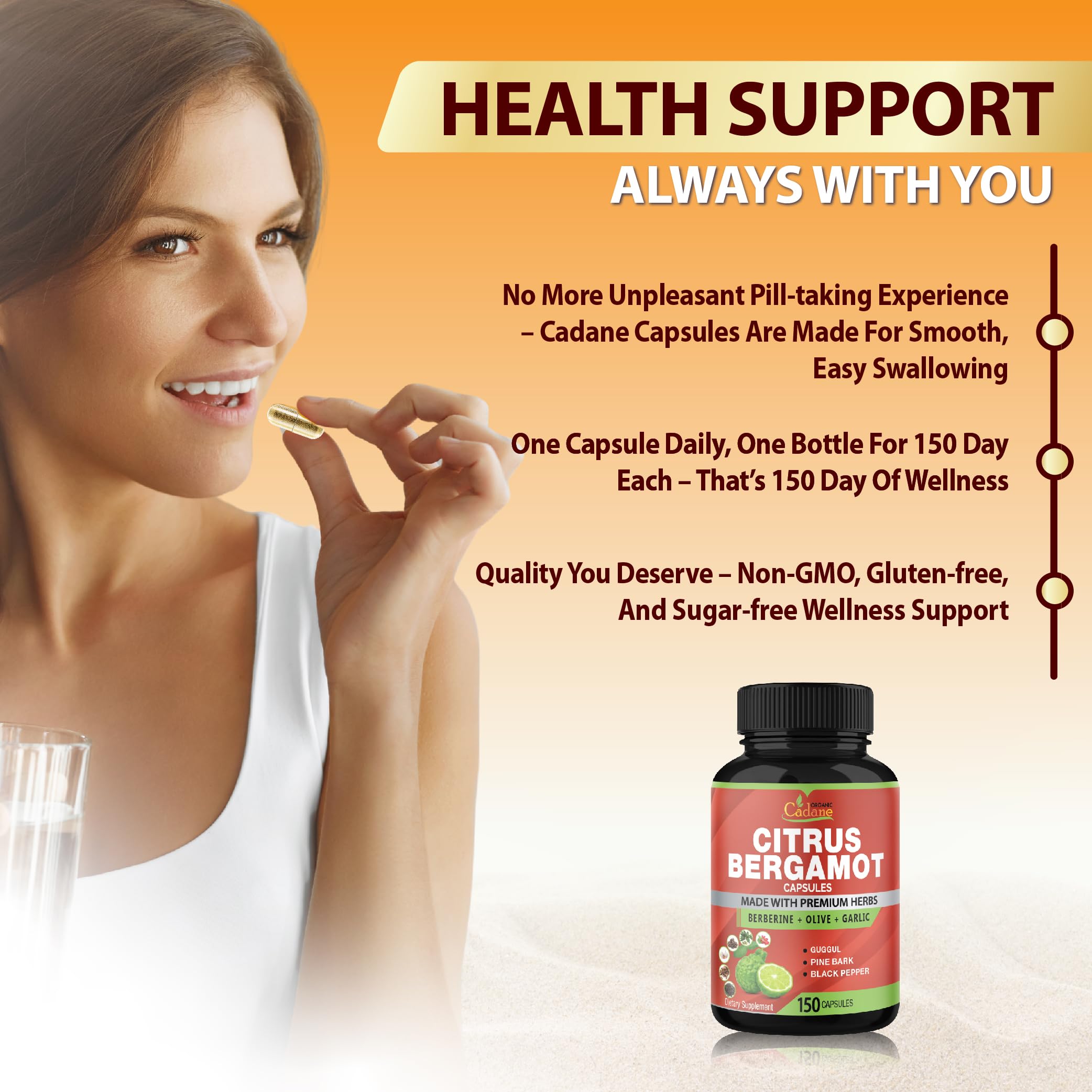 Cadane Citrus Bergamot Supplement Capsules with Berberine, Olive, Guggul, Garlic, Pine Bark, Black Pepper