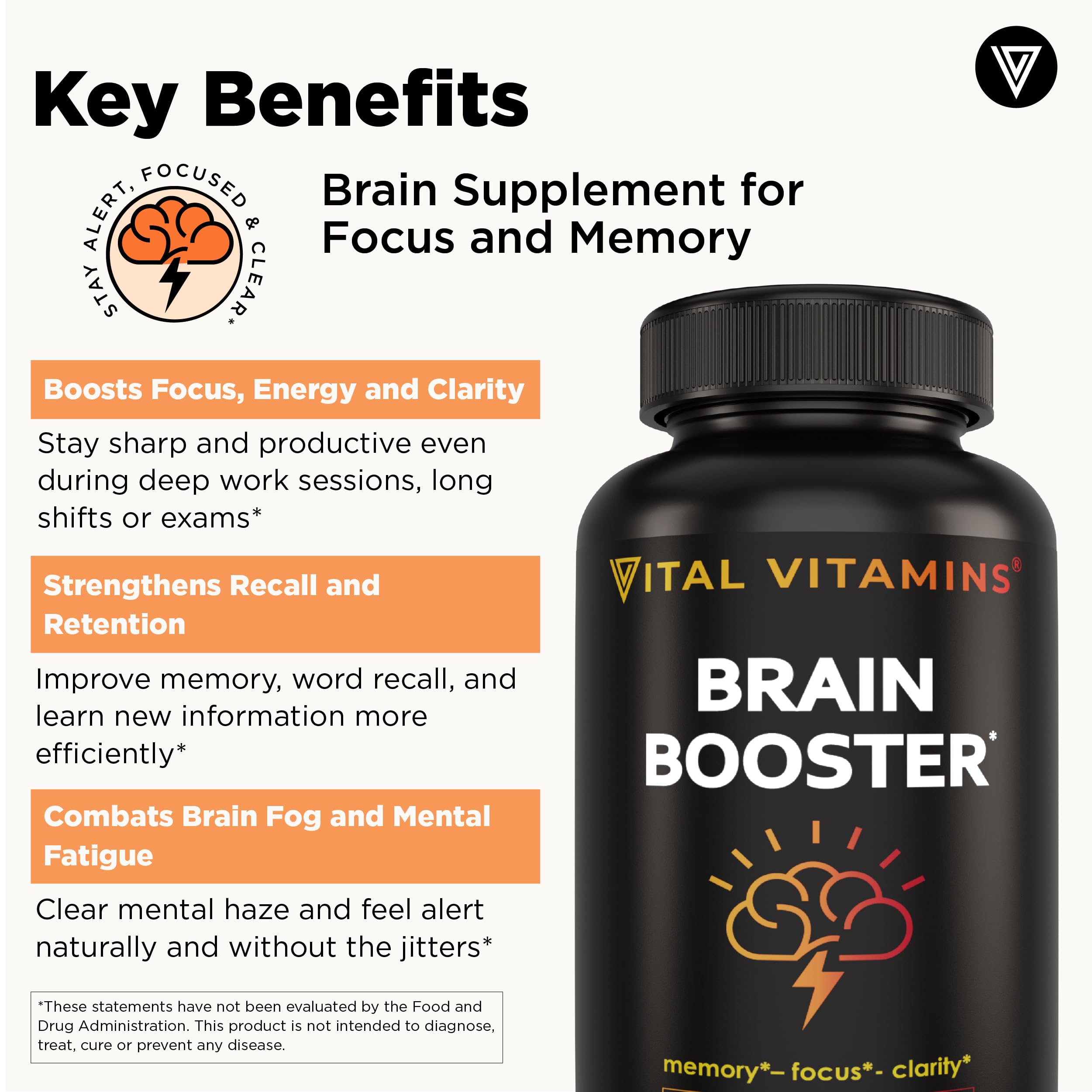 Vital Vitamins Brain Supplements with Bacopa Monnieri - for Memory and Focus – Nootropic Brain Booster - Caffeine-Free Support for Adults & Seniors – Non-GMO, 30-Day Supply, 30 Capsules Vital Vitamins Au supplements
