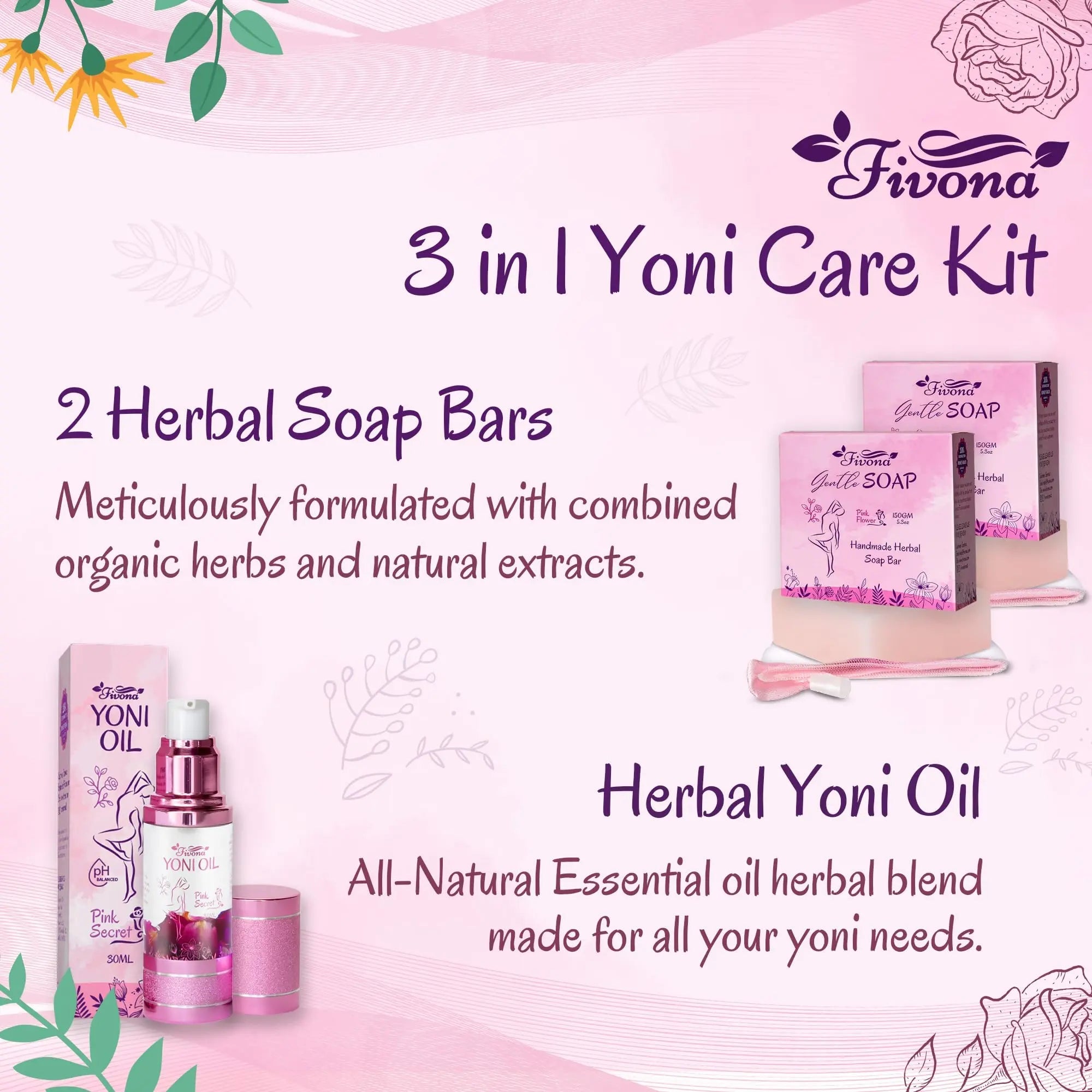 FIVONA 3 in 1 Set of Yoni Oil with 2 Yoni Soap Bars - Feminine pH Balanced Natural Vaginal Oil 30 ml FIVONA Au supplements