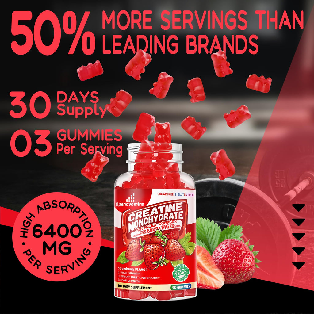Creatine Monohydrate Gummies Complex for Men & Women -Advanced Formula W/L-Taurine + Vitamin B12, Sugar Free Chewable Supplement,90 Strawberry Gummies Openovomins Au supplements