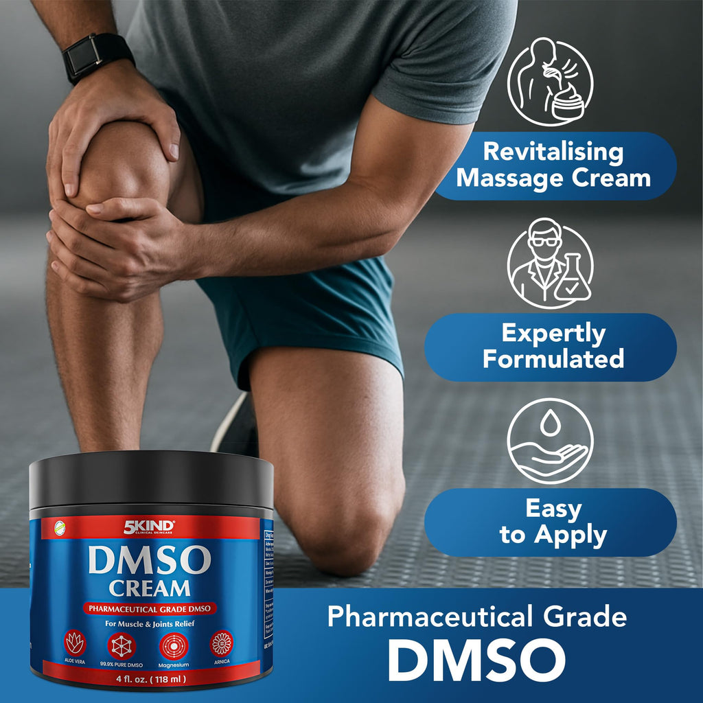 5Kind DMSO Cream for Pain Relief 4 fl oz - 99.9% Pure DMSO Pharmaceutical Grade Cream - Aloe Vera, Magnesium, Arnica & Menthol - Topical Muscle and Joint Pain Relief - Registered NDC - Made in USA 5kind clinical skincare Au supplements