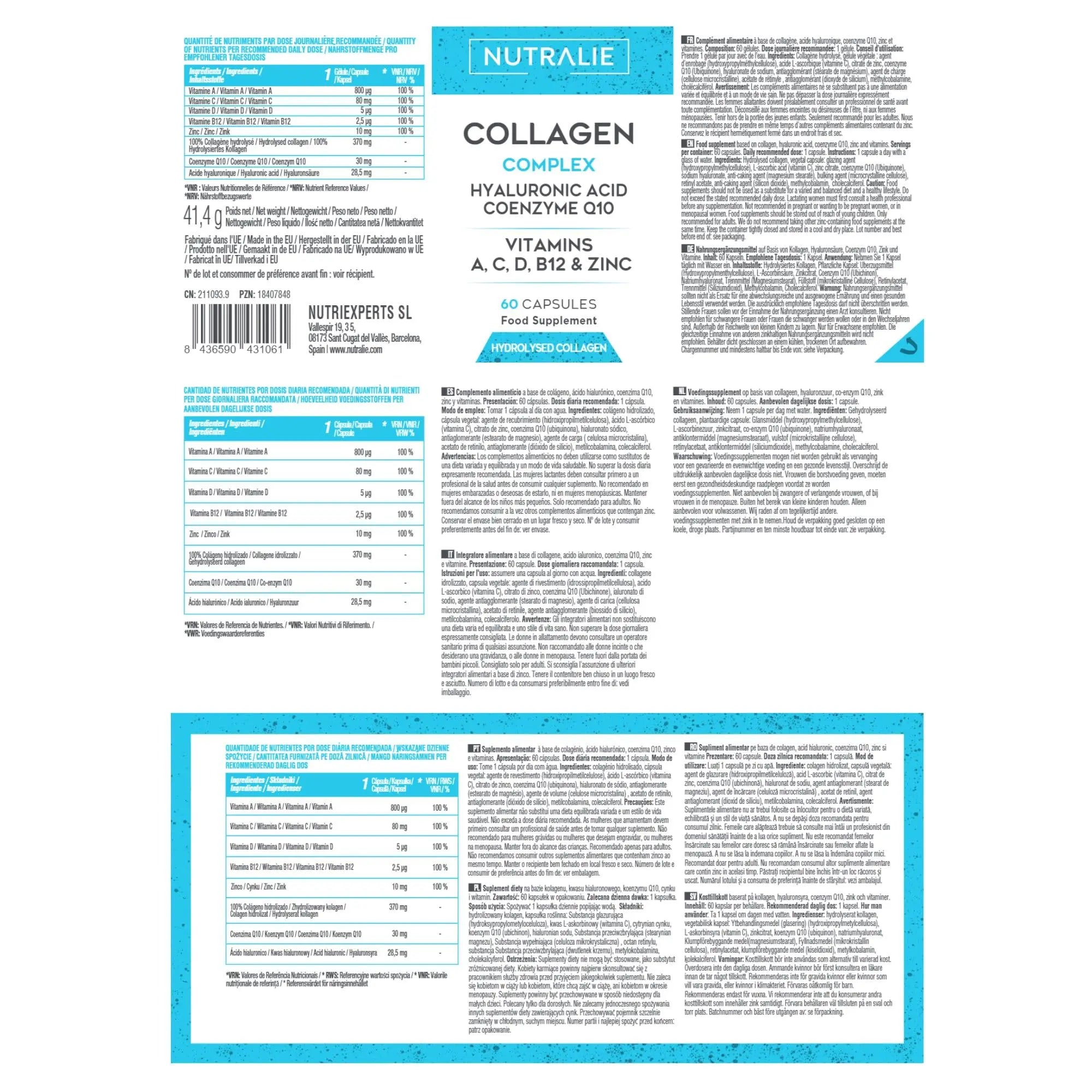 Collagen + Hyaluronic Acid + Q10 Hydrolysed Collagen Women Men + Vitamins A C D B12 Zinc NUTRALIE Au supplements