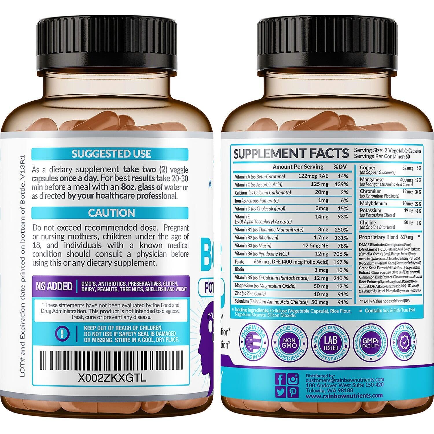40-in-1 Brain Booster Supplements for Memory, Focus, Clarity, Energy, Performance | Natural Nootropic Brain Support Supplement with DMAE, Bacopa Monnieri & More | For Men & Women | 120 V Capsules Rainbow Nutrients, LLC Au supplements