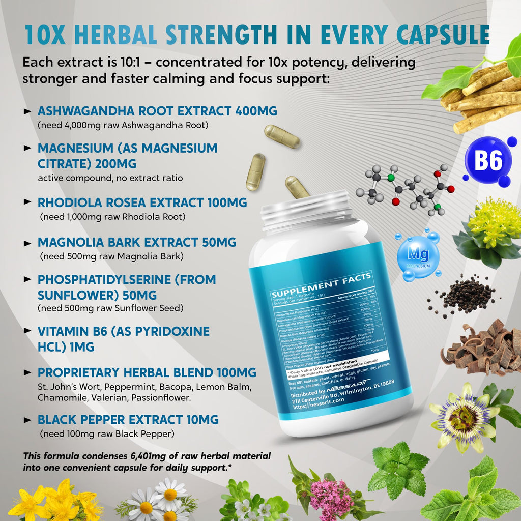 CORTISOL Wellness Ashwagandha 14-in-1 Natural Blend with Phosphatidylserine Magnolia Rhodiola St. John's Wort Peppermint Bacopa - 150 Count NESSARIT Au supplements