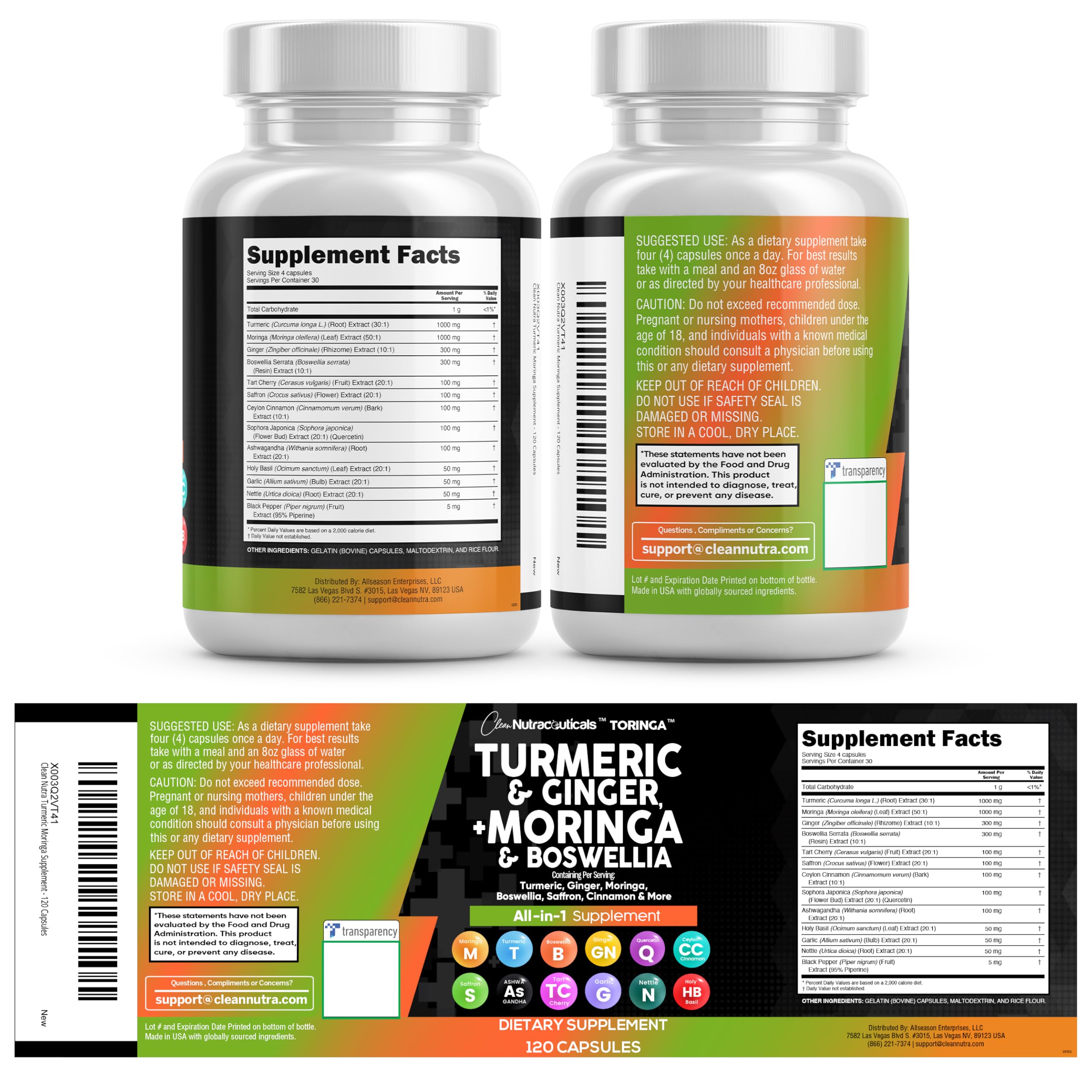 Clean Nutraceuticals Turmeric Moringa Supplement | Ginger Boswellia Saffron - Supplement for Women and Men with Ceylon Cinnamon