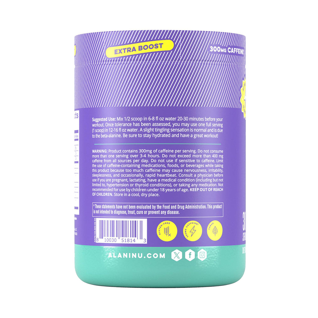 Alani Nu Pre Workout+ Powder Frozen Lemonade, Extra Boost, Sugar Free, 300mg Caffeine, L-Theanine, Beta-Alanine, Citrulline, 30 Servings