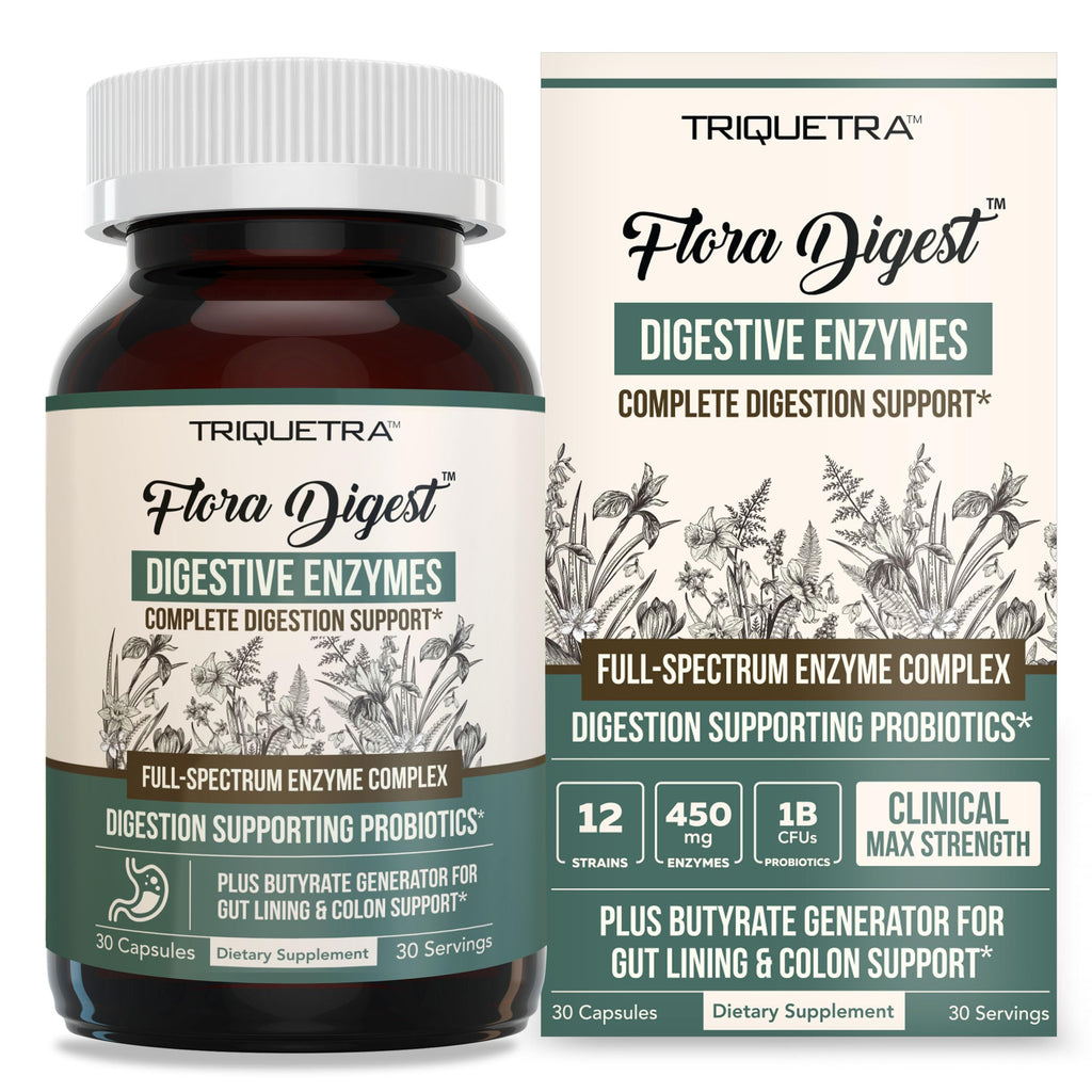 Flora Digest - 3-in-1 Max Strength Digestive Enzymes + Gut Surviving Probiotics & ButyraGen® Postbiotic for Optimal Digestion, Bloating Relief, Regularity, Gut Lining & Colon Support - (30 Capsules) Triquetra Health Au supplements