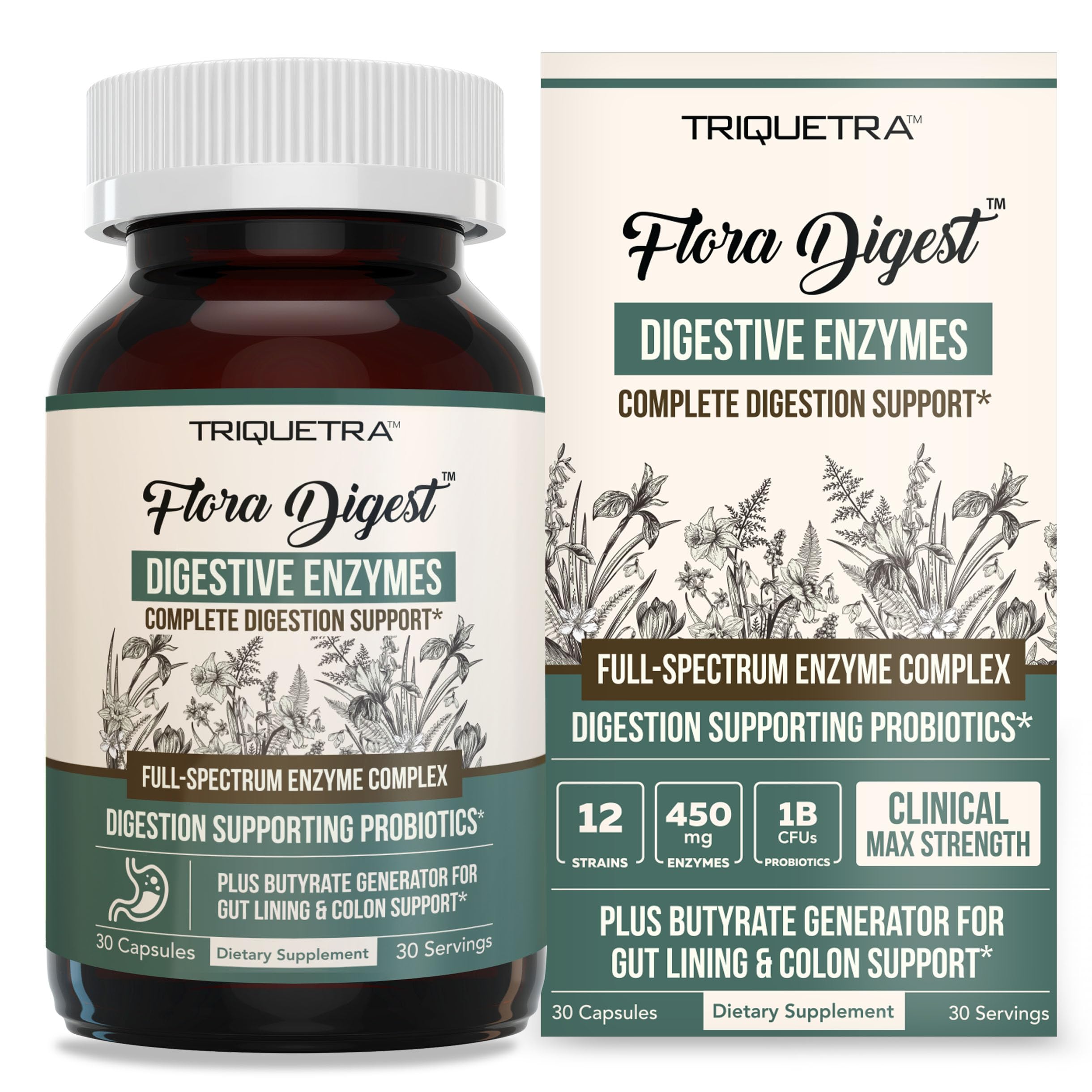 Flora Digest - 3-in-1 Max Strength Digestive Enzymes + Gut Surviving Probiotics & ButyraGen® Postbiotic for Optimal Digestion, Bloating Relief, Regularity, Gut Lining & Colon Support - (30 Capsules) Triquetra Health Au supplements