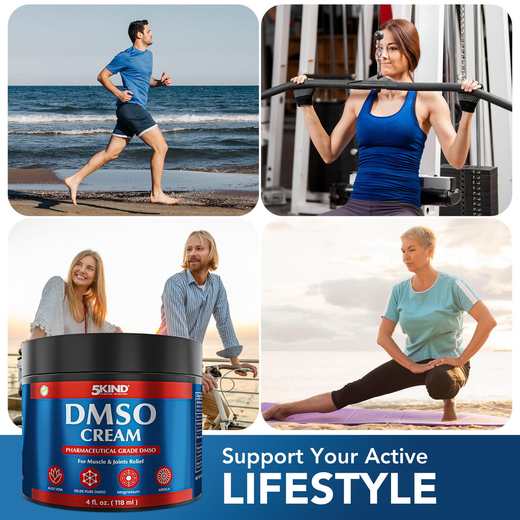 5Kind DMSO Cream for Pain Relief 4 fl oz - 99.9% Pure DMSO Pharmaceutical Grade Cream - Aloe Vera, Magnesium, Arnica & Menthol - Topical Muscle and Joint Pain Relief - Registered NDC - Made in USA 5kind clinical skincare Au supplements