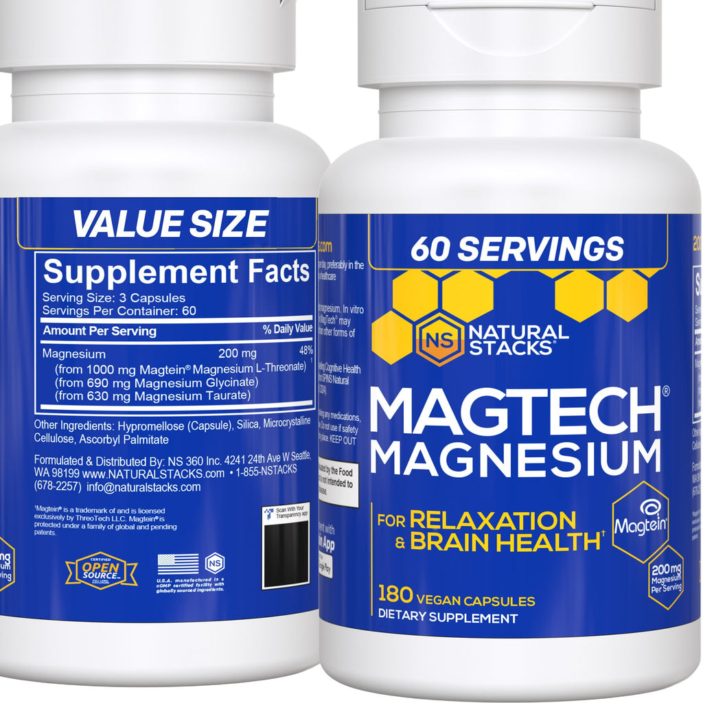 MagTech Magnesium Supplement - 3 Forms of Magnesium: Magtein L-Threonate, Glycinate & Taurate - 200mg Chelated Magnesium Complex