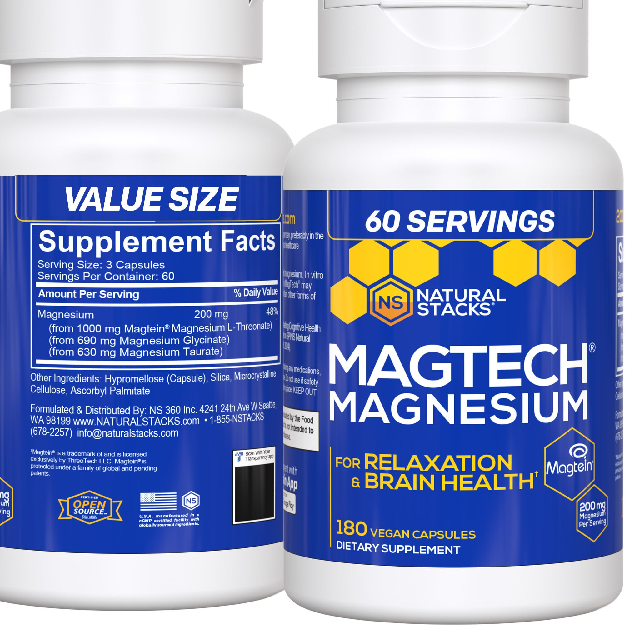 MagTech Magnesium Supplement - 3 Forms of Magnesium: Magtein L-Threonate, Glycinate & Taurate - 200mg Chelated Magnesium Complex