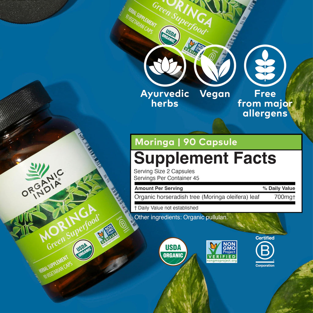 ORGANIC INDIA Moringa Herbal Supplement - Green Superfood, Nutrient Dense, Pure Plant Protein, Vitamin A, E, K, Iron, Calcium, Fiber, Vegan