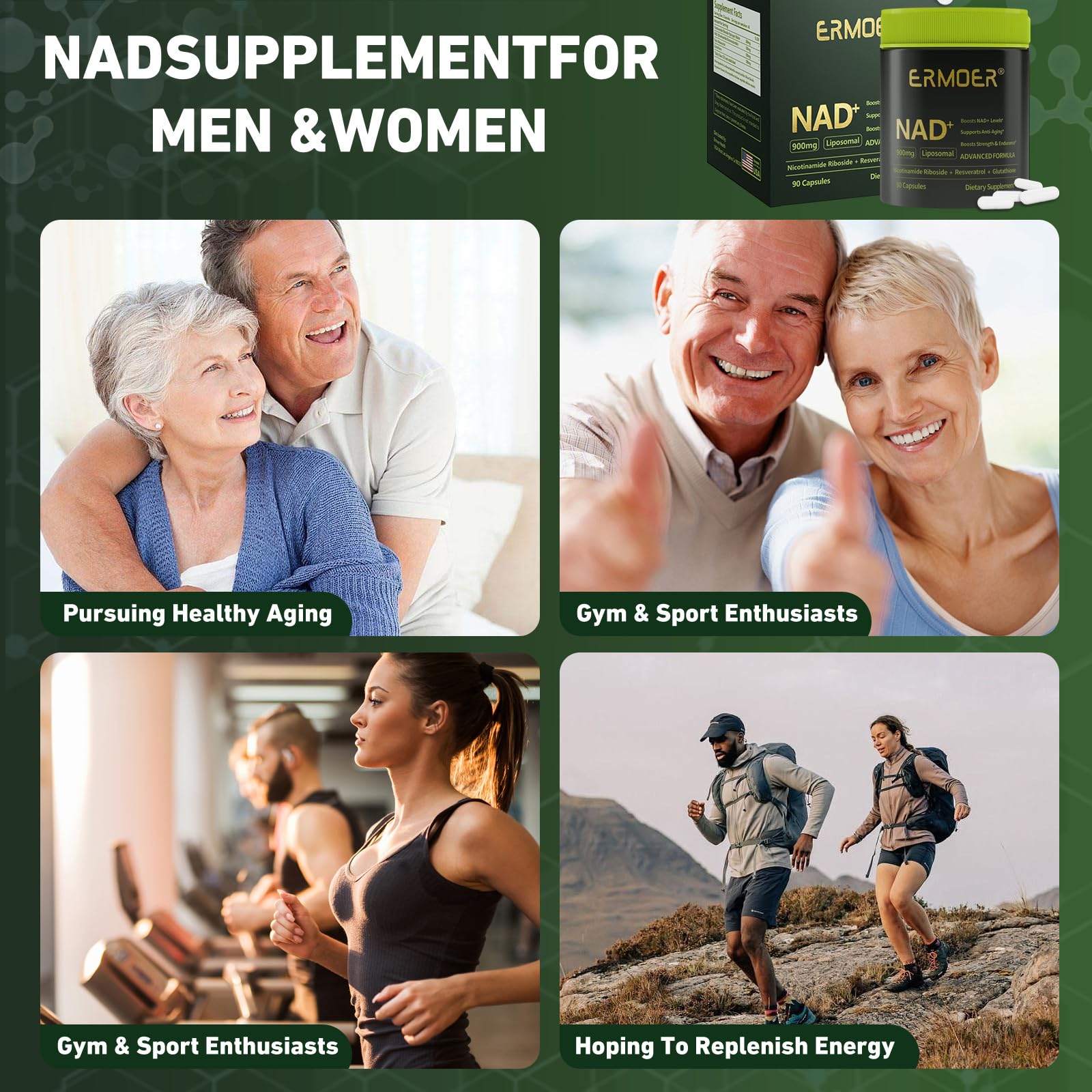 ERMOER NAD Liposomal Nicotinamide Riboside with Resveratrol & Quercetin 900mg, NAD Resveratrol Supplement for Anti Aging, Energy, Antioxidant, Focus (90 Count) ERMOER Au supplements