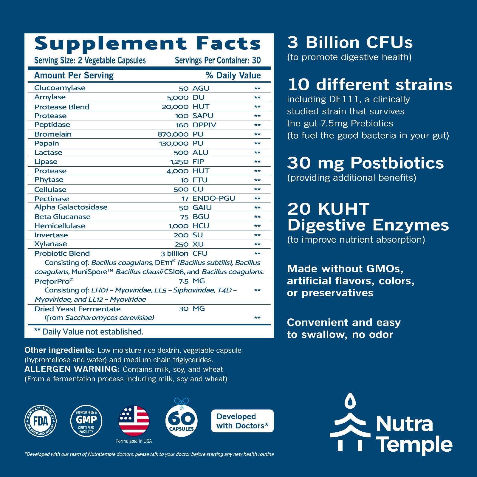 NUTRATEMPLE 4 in 1 Pre Post Probiotics & Digestive Enzymes for Women & Men - Digestive Health, Gut & Immune Support for Occasional Constipation, Diarrhea, Gas & Bloating – 60 Veggie Capsules NUTRATEMPLE Au supplements