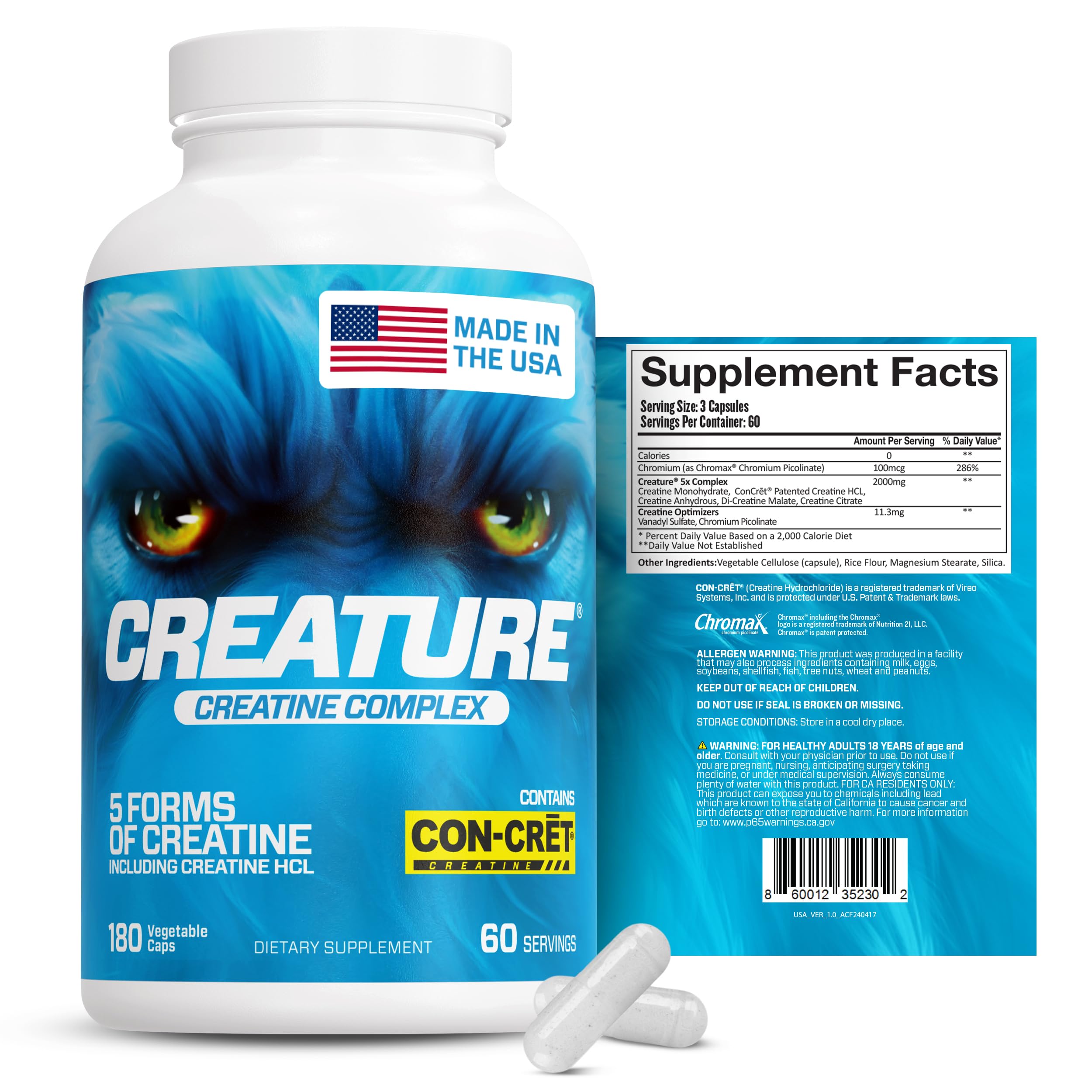 CREATURE® Creatine Complex - Creatine Monohydrate Capsules with 5 Types of Creatine Including Con-Crēt® Creatine HCL, Promotes Muscle, Strength, Endurance, Brain Health, 180 Veggie Caps, 60 Servings CREATURE Au supplements