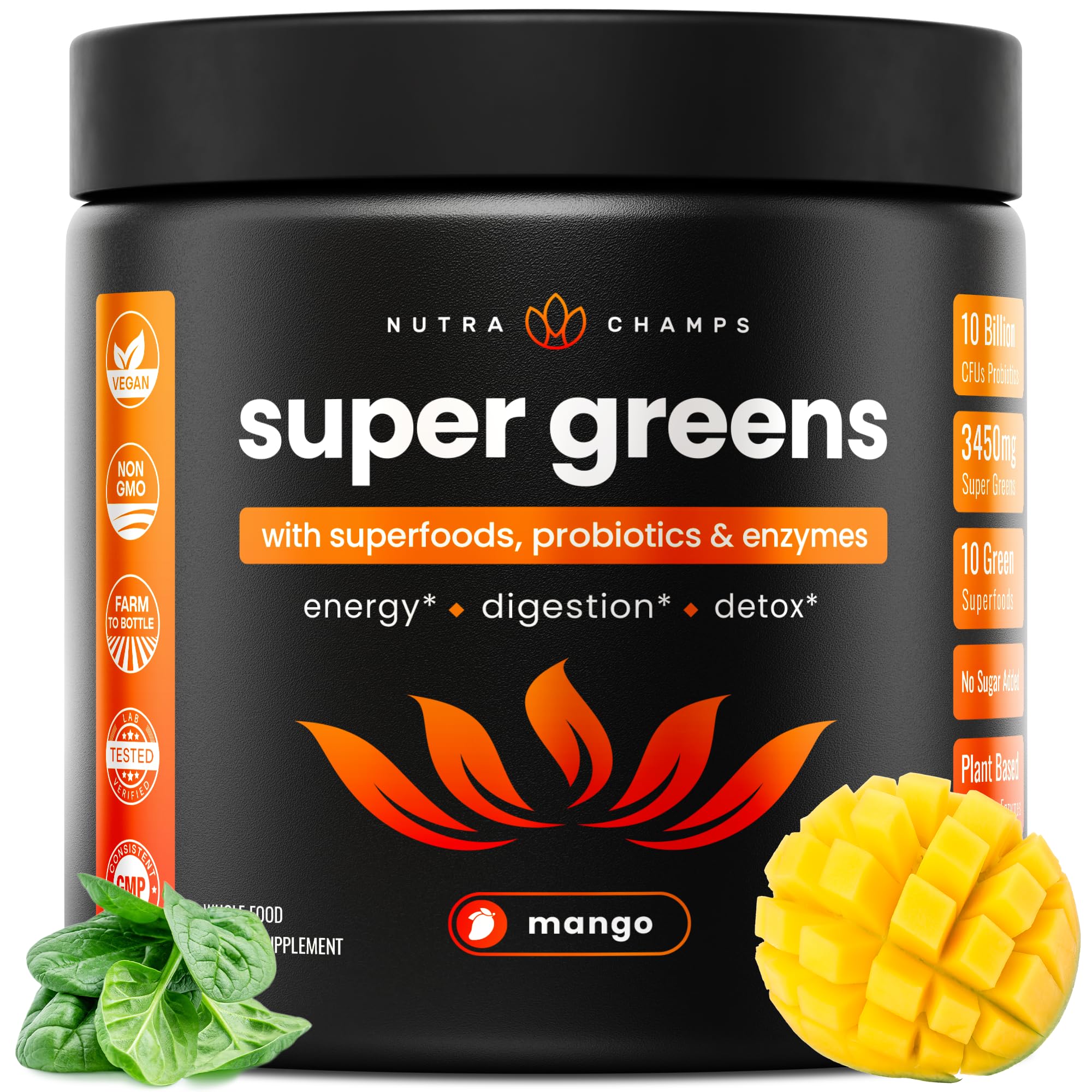 NutraChamps Super Greens Powder Premium Superfood | 20+ Organic Green Veggie Whole Foods | Wheat Grass, Spirulina, Chlorella | Antioxidant, Digestive Enzyme