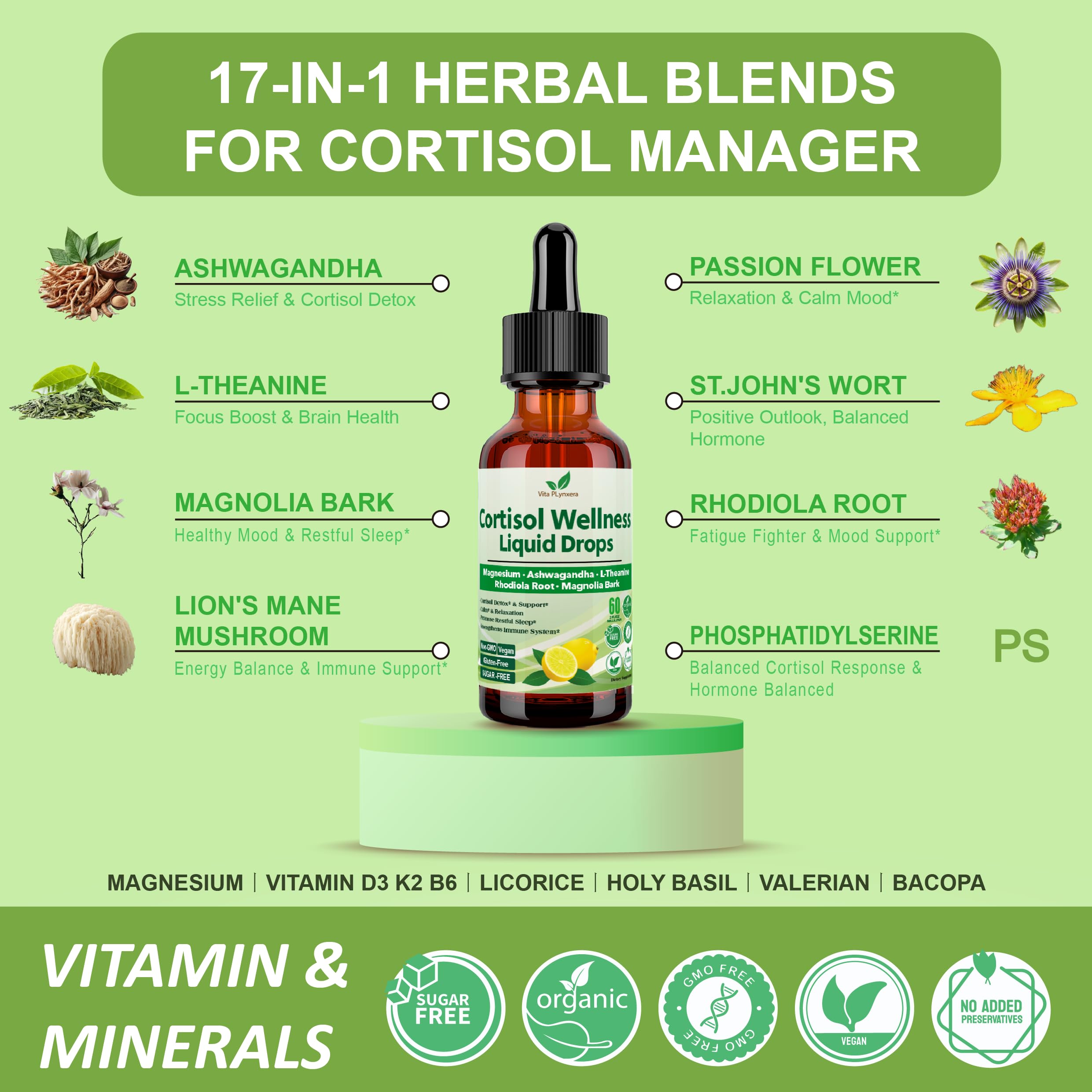 Vita PLynxera Cortisol Supplement Liquid Drops, 17-in-1 Cortisol Detox w. Magnesium Glycinate 400mg Ashwagandha, L-Theanine, Phosphatidylserine, Hormone Balanced