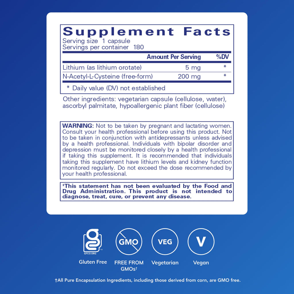 Pure Encapsulations Lithium Orotate 5 mg - Brain Support Supplement - with N-Acetyl-L-Cysteine (NAC) for Memory & Brain Behavior*