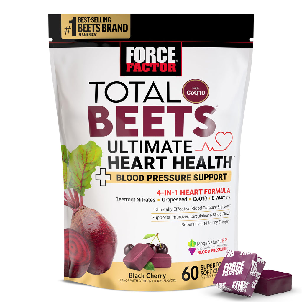 Force Factor Total Beets Ultimate Heart Health Chews for Blood Pressure Support, with Beetroot Powder, CoQ10, B Vitamins & Grapeseed Extract for Blood Flow
