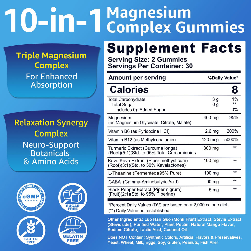 Magnesium Complex Gummies 400mg, Magneisum Glycinate Citrate Malate + Turmeric, GABA, B6 B12, Kava Kava, L-Theanine for Sleep, Calm, Relaxation, Energy