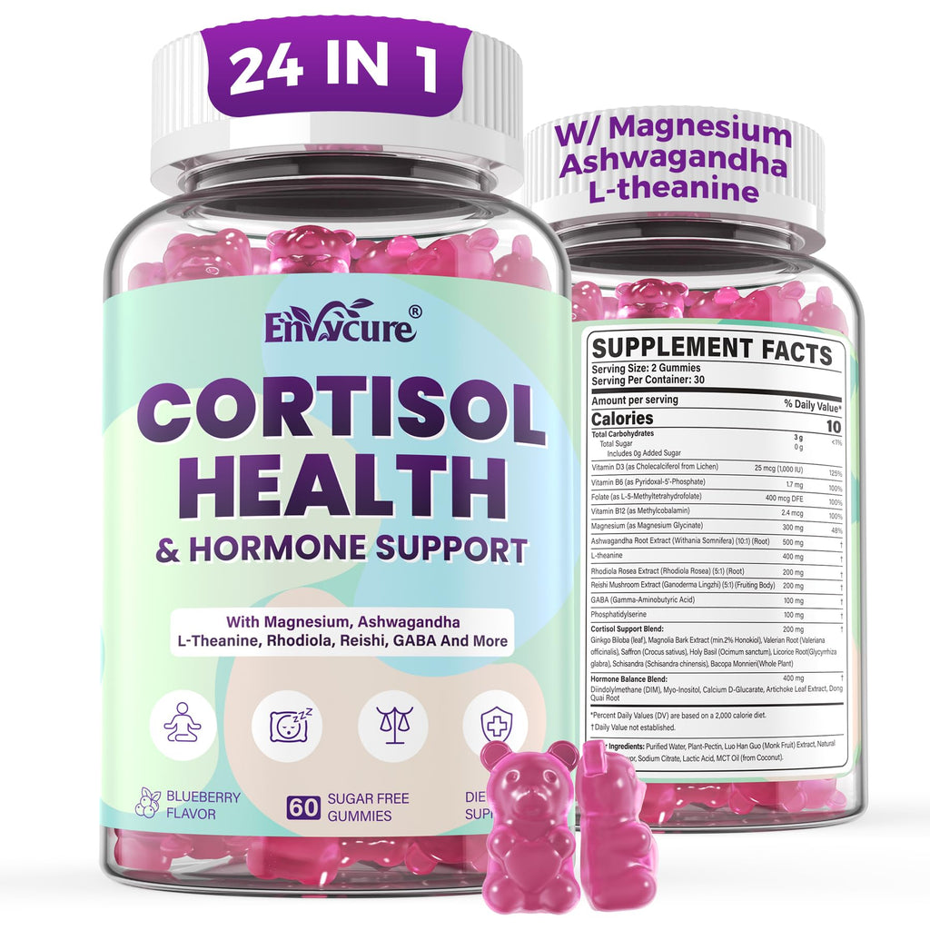 Cortisol Supplements for Women & Men, Cortisol Reducer Gummies w/ Magnesium, Ashwagandha, L-Theanine, Rhodiola, Reishi, 24 IN 1 Cortisol Detox Manager for Calm Mood, Focus & Relaxation,Vegan, 120 Cts EnvyCure Au supplements