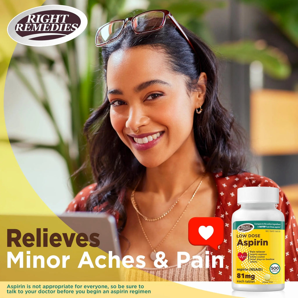 RIGHT REMEDIES Low Dose Aspirin 81mg, Enteric Coated Tablets, NSAID Pain Reliever & Fever Reducer for Adults, Compare to the Active Ingredient in Bayer® Low Dose Aspirin (500ct) RIGHT REMEDIES Au supplements