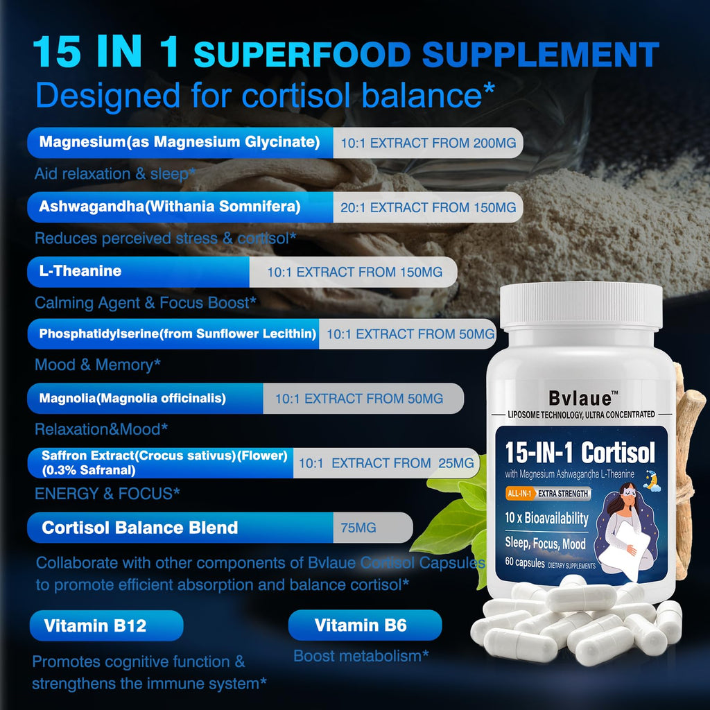 Bvlaue Cortisol Supplements for Women & Men - 15-in-1 Cortisol Reducer Manager Lower w/Ashwagandha,Magnesium,L-Theanine/Saffron Vitamin B6 & B12,60 Vegan CT for Stress Relief Sleep,Mood,Non-GMO Bvlaue Au supplements
