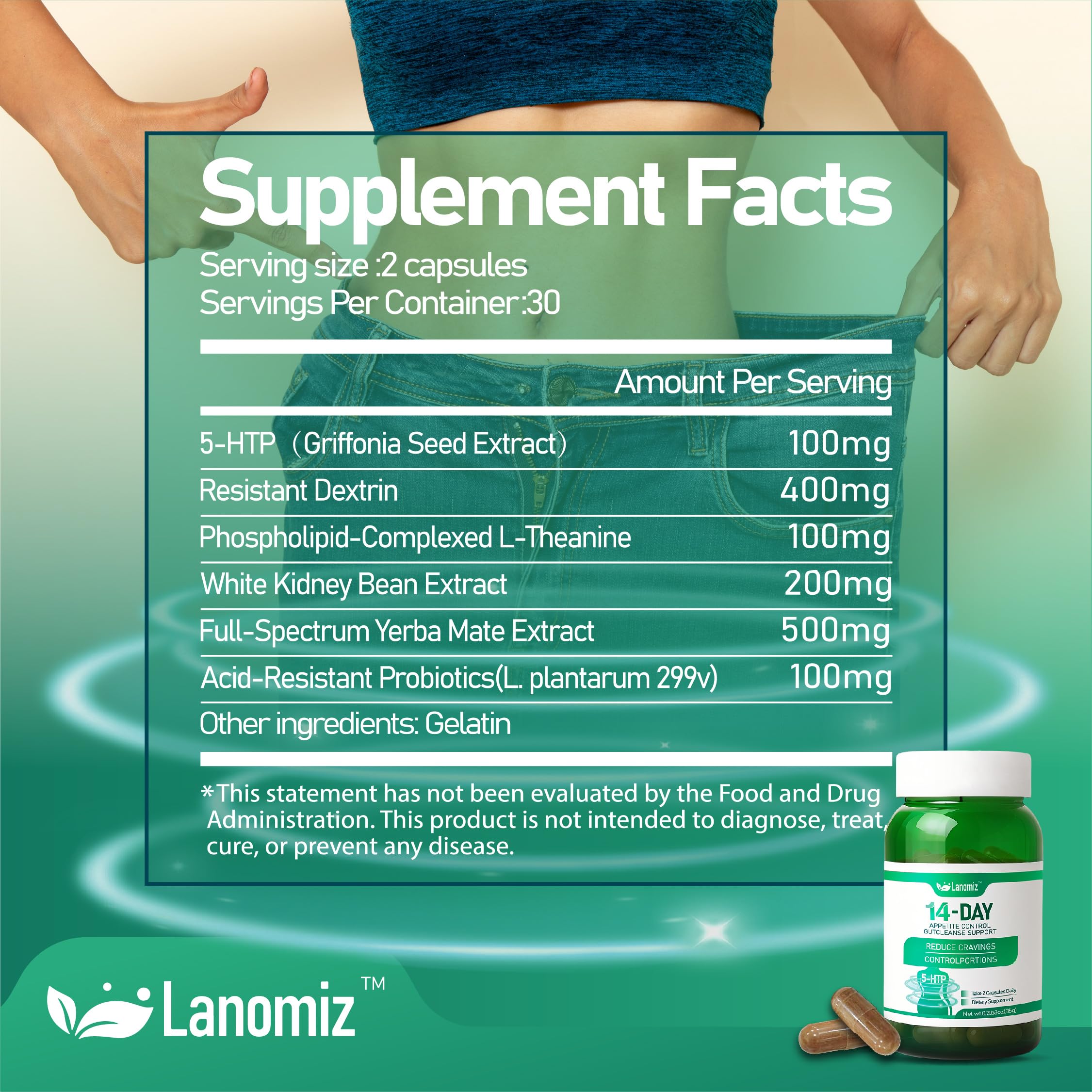 Lanomiz 14DAY Appetite & Craving Control Gut Health Complex Featuring Delayed-Release Probiotics & White Kidney Bean Extract 5-HTP