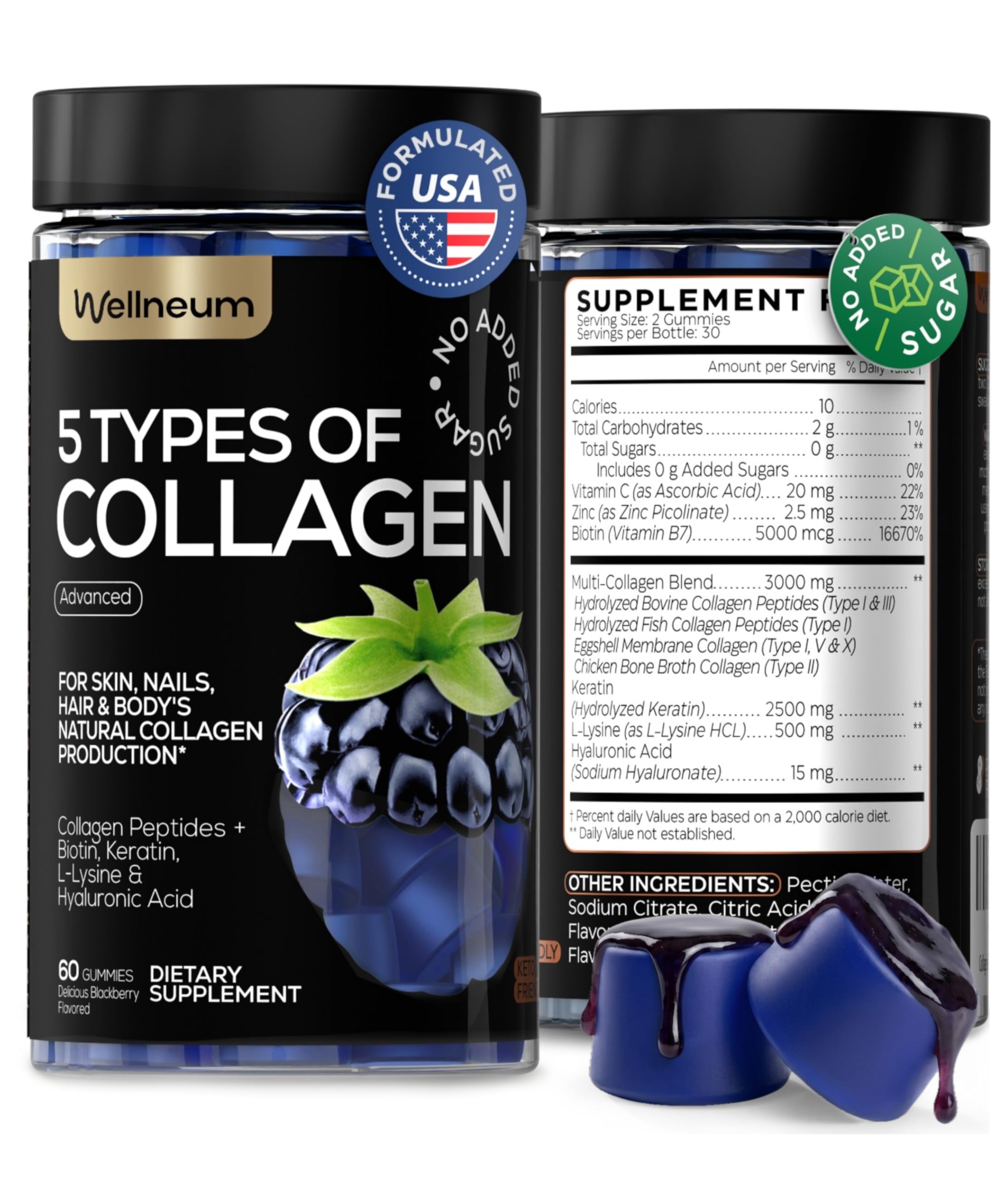 Collagen Peptides Gummies Sugar Free 3000mg Multi Collagen Blend for Hair Skin & Nails Support + 2500mg Keratin + 5000mcg Biotin, Hyaluronic Acid,