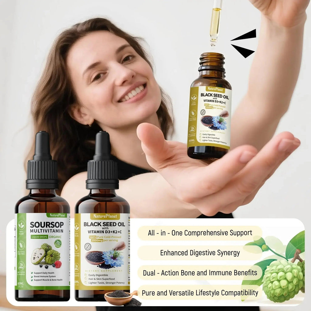 NaturePlanet Organic Soursop Bitters and Black Seed Oil Drops Bundles with Vitamins D3, K2, B6, C | NaturePlanet Au supplements