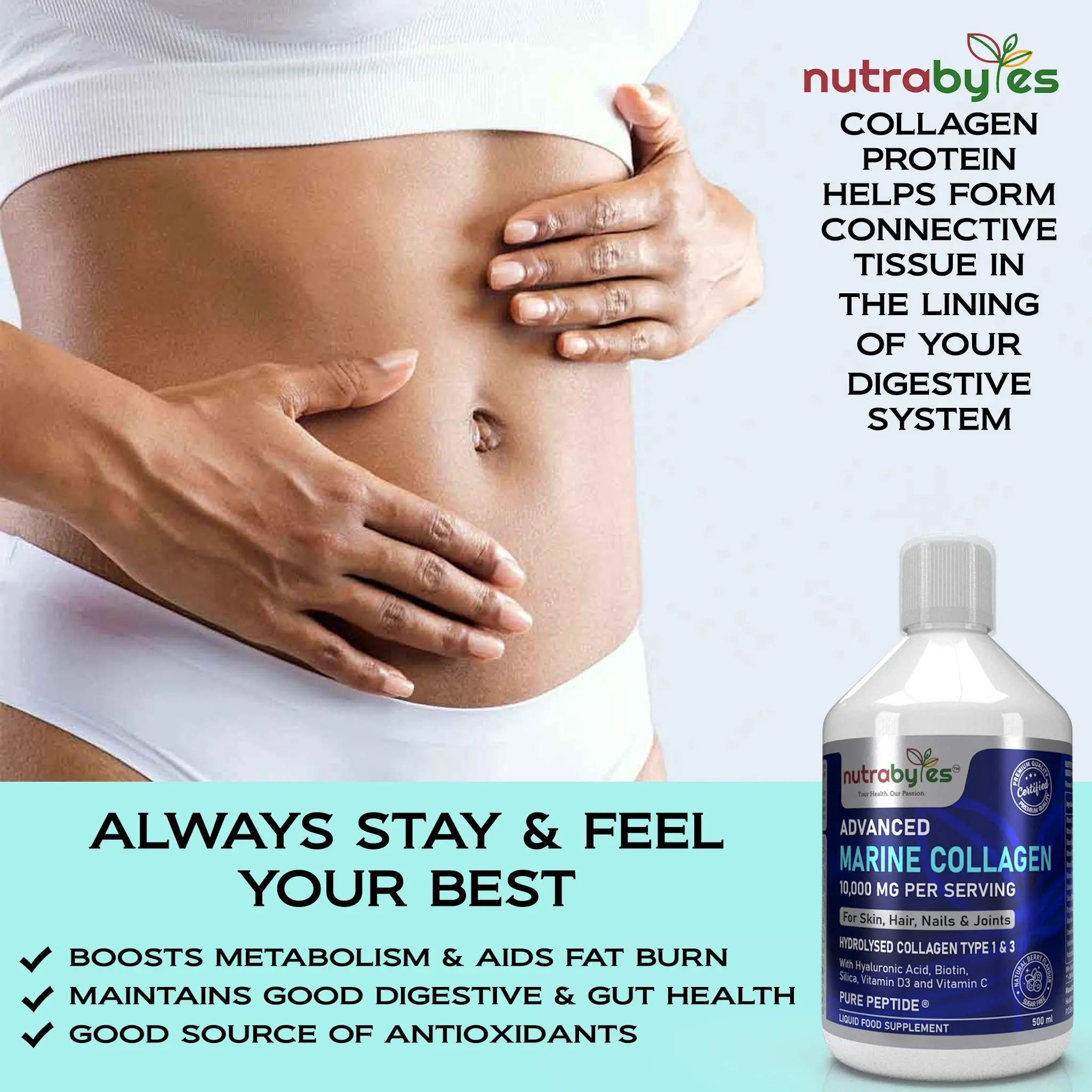 Marine Collagen Liquid 10000mg Sugar Free, Hydrolysed Peptides | Hyaluronic Acid, Biotin, Silica, Vitamin C, Vitamin D3 NUTRABYTES Au supplements