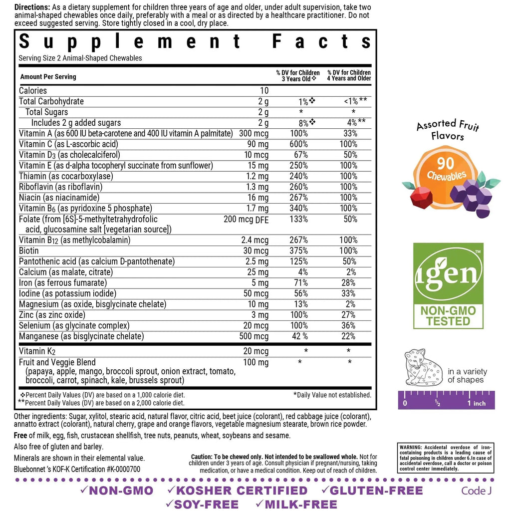 Bluebonnet Nutrition Rainforest Animalz Whole Food Based Multiple Chewable Tablets, Kids Multivitamin & Mineral, Vitamin C, D3, Iron BlueBonnet Au supplements
